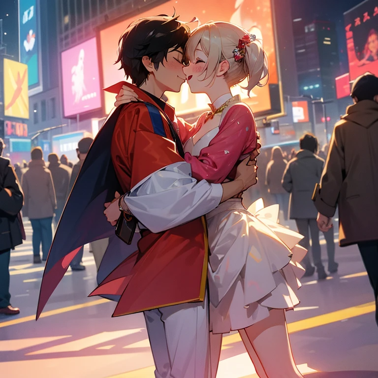 New Year’s kiss, exited, soft, sweet moment, in time square, yay, joyful expressions, ^-^, smiles, many people in the background, fireworks in the background.