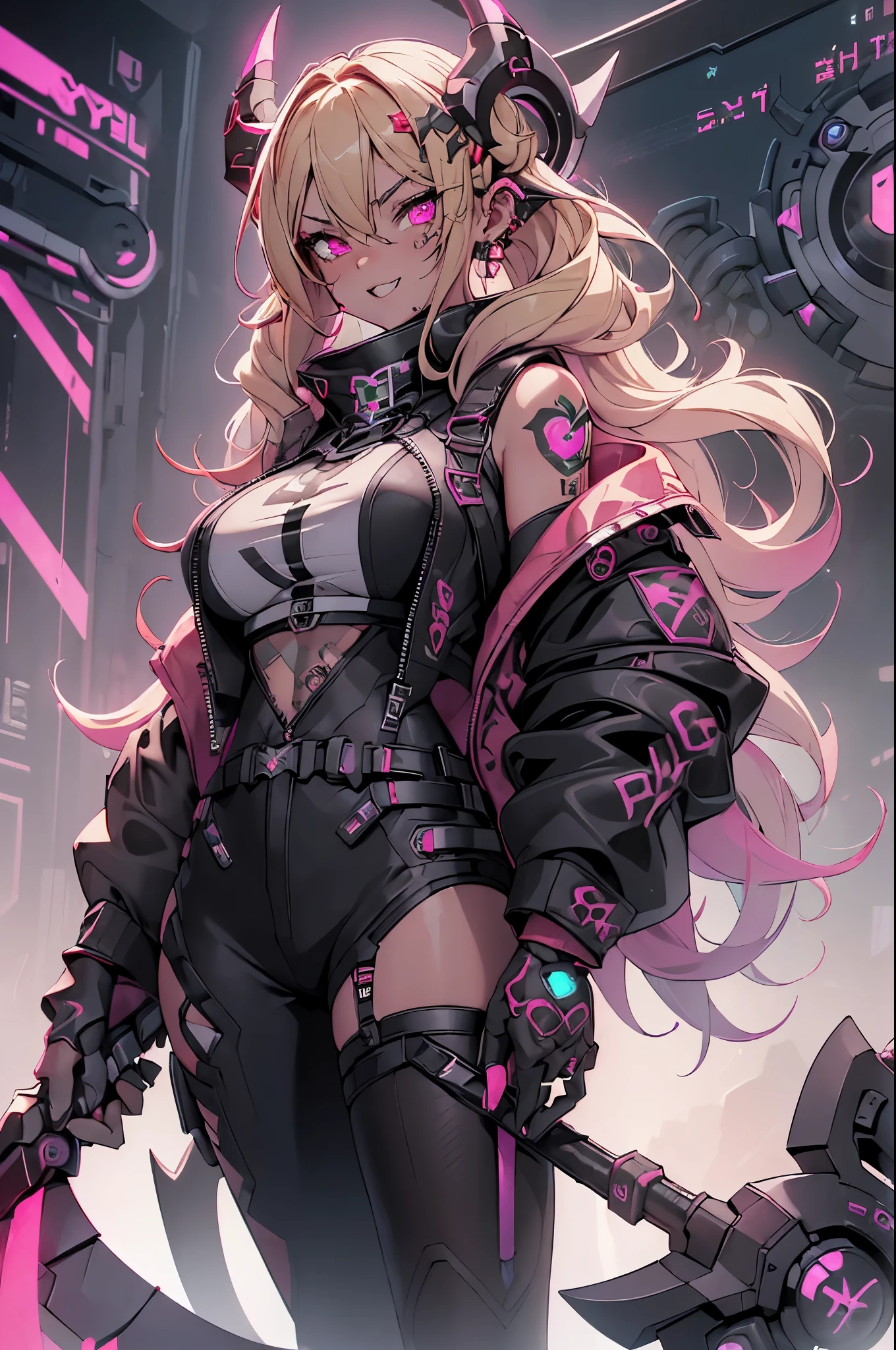 One girl, Rebecca \(cyber punk\), ((Cowboy Shot)),(( Giant Scythe, Half the screen size:1.3 )),alone, Blonde braids, glowing Red eyes,laugh fearlessly, Leg Tattoos, neck tattoo,  Large Breasts, Black bra, String, Red pupils, Leather Fang, Red eyes, Black jacket, 