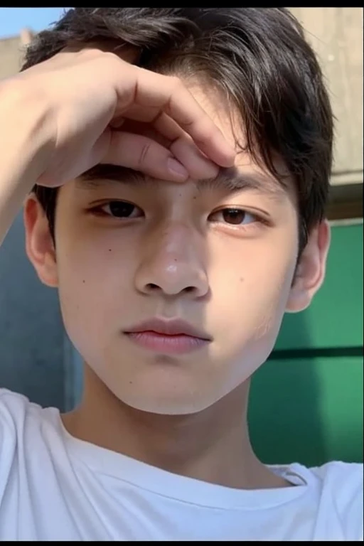 a boy in a selfie but only half of his face can be seen in the screen