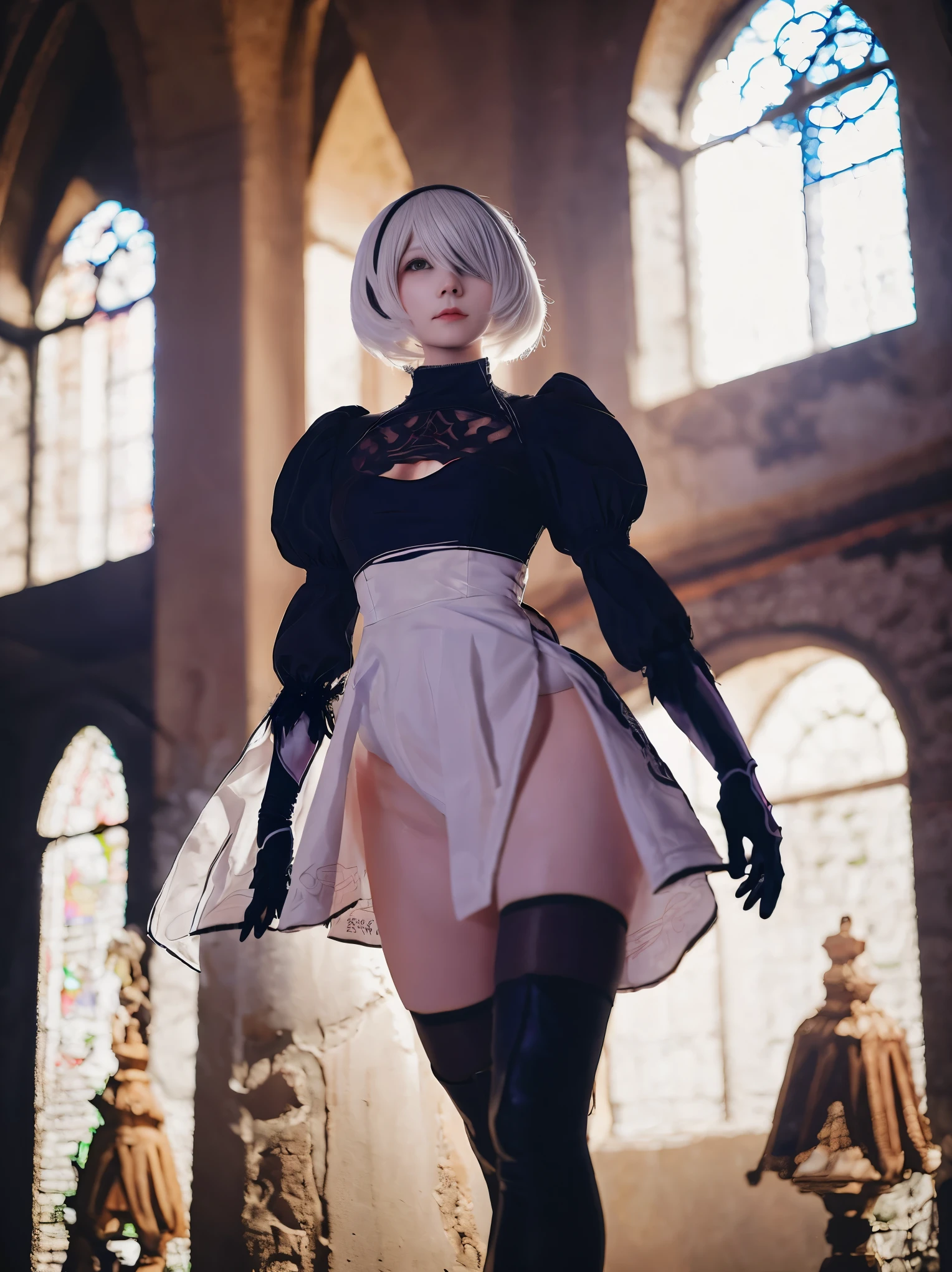 nier:Beautiful cosplay of 2B from Automata、A woman cosplaying as 2B、White skin、tall、21 years old、Englishman、nier:2B&#39;s black costume from Automata、Light background、Fantasyな教会を背景に、Standing tall in the middle of the church、Shooting from a diagonal angle、masterpiece、highest quality、high resolution、Fantasy、Glare、Anime Cosplay Makeup、Real Cosplay Photo、Cool photos、Full body portrait、handsome pose、Wrapped in the pale glow of the morning sun、like、happiness、Kindness、Smoothly rendered