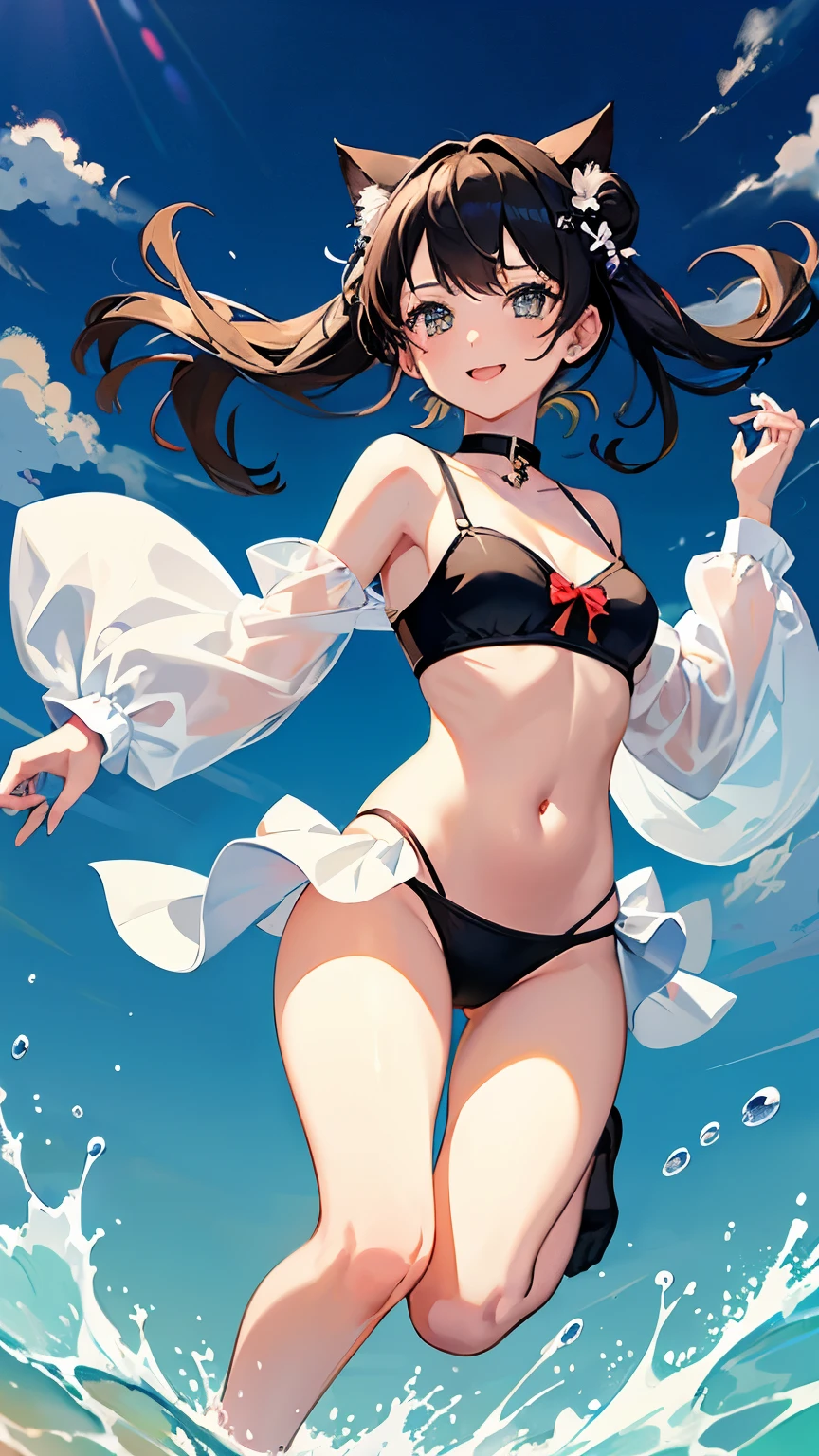 (highest quality, masterpiece, High resolution)、(Anime Art 4k)、(Concept Art)、Cinematic Light、Soft Light、(One Girl、18-year-old)、(whole body)、(Water Play)、Black Hair、(Colorful Swimsuits)、(Brightly colored design)、Layer up with loose fitting T-shirts、Off the shoulder、cute、Cat ear、Bobcut、semi-long、Hair Bun、hair ornaments、choker、Bright smile、Small breasts、(Cat Pose)、(play)、Cat jarashi、Water Play、Water gun、Beach ball、splash、((White Background))、((Blank Background))、