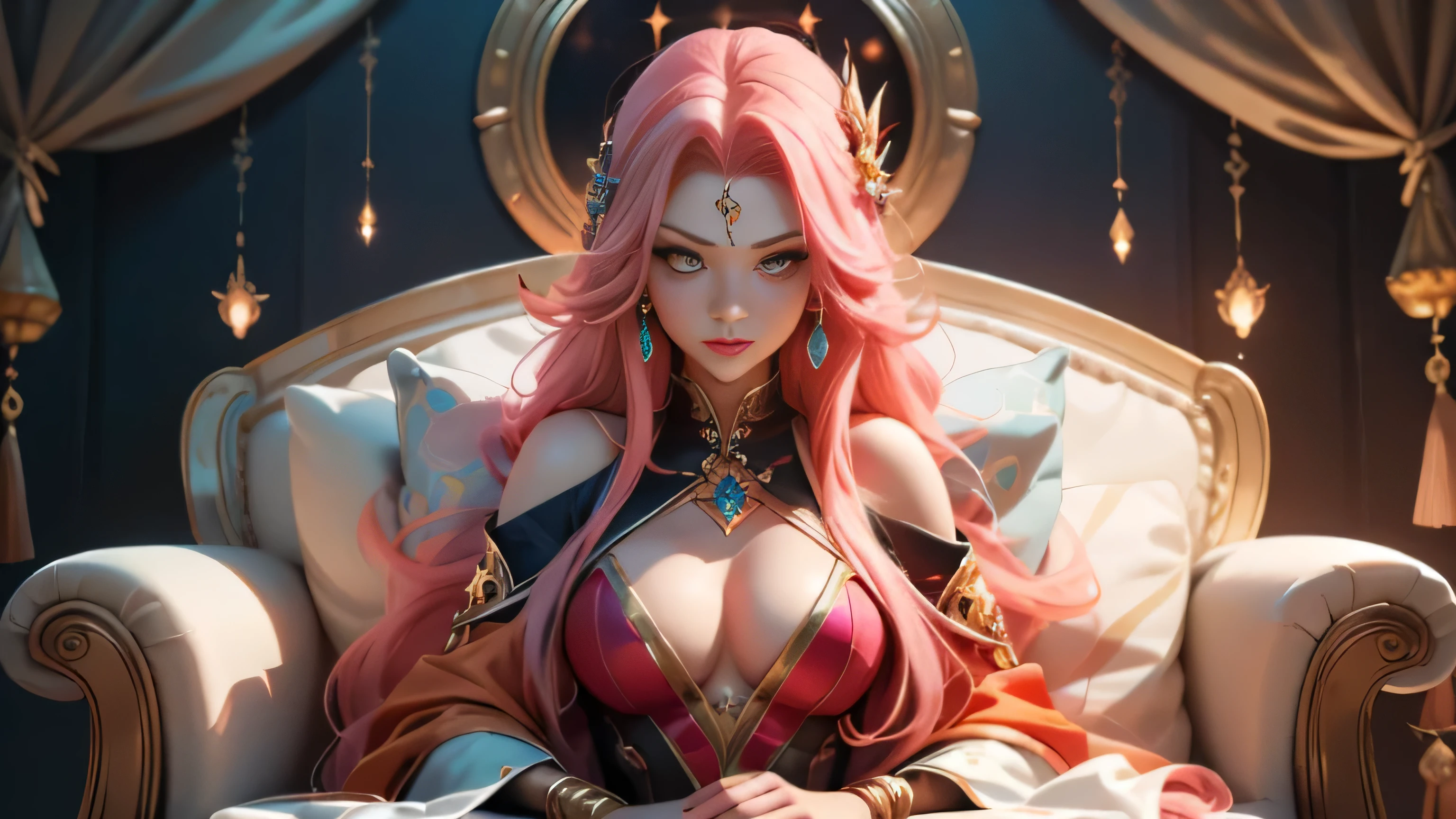 Beautiful snake women with yellow eyes and long red hair dressed in sorceress vail and golden jewellery casting charm spell with pink effects laying on luxurious golden throne in ancient sorceress layer with magic symbols on the wall, scale skin, beautidul medusa, gorgone snake women, yellow snake eyes, beautiful detailed sanake eyes, fastasy anime art, high quality anime art, 8k top quality character desing, detailed face, full size character body figure, detailed face and body fetures, high quality sexy full size character body, ultra high quality cute face, detailed full size character