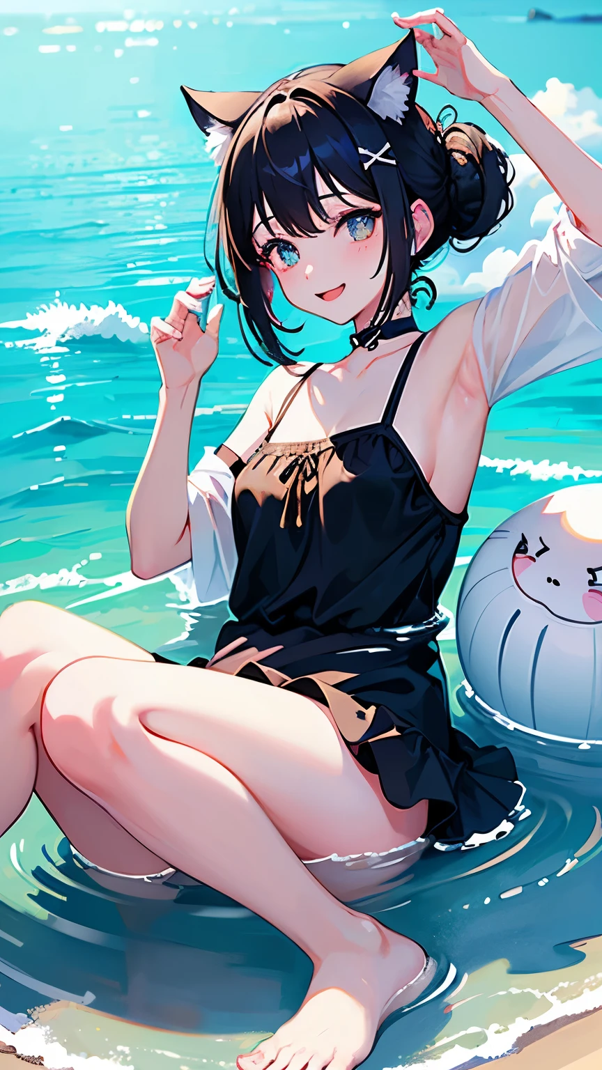 (highest quality, masterpiece, High resolution)、(Anime Art 4k)、(Concept Art)、Cinematic Light、Soft Light、(One Girl、18-year-old)、(whole body)、(Water Play)、Black Hair、(Colorful Swimsuits)、(Brightly colored design)、Layer up with loose fitting T-shirts、Off the shoulder、cute、Cat ear、Bobcut、semi-long、Hair Bun、hair ornaments、choker、Bright smile、Small breasts、(Cat Pose)、(play)、Cat jarashi、Water Play、Water gun、Beach ball、splash、((White Background))、((Blank Background))、
