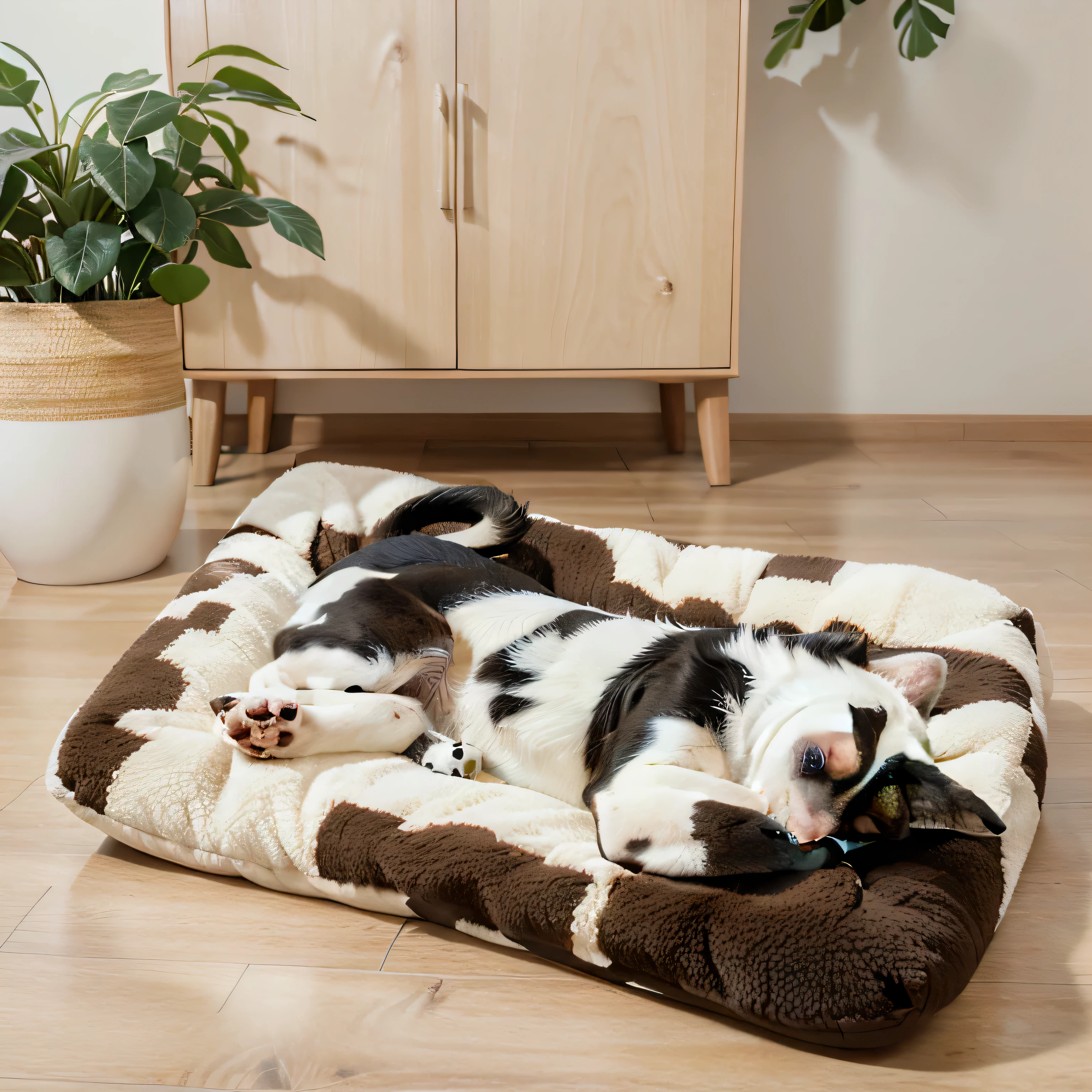 There is a dog bed on the floor, Designed for comfort and aesthetics!, Soft and warm, soft and warm, White with chocolate brown spots, Very high quality, Very detailed and high quality, High quality details, Very detailed, Extremely detailed, very comfortable, Extremely true, Spotted Surreal, Large and comfortable bed,Natural light and shadow,Soft light shines on the mat,Hyper-realistic scenes,Plush cushions