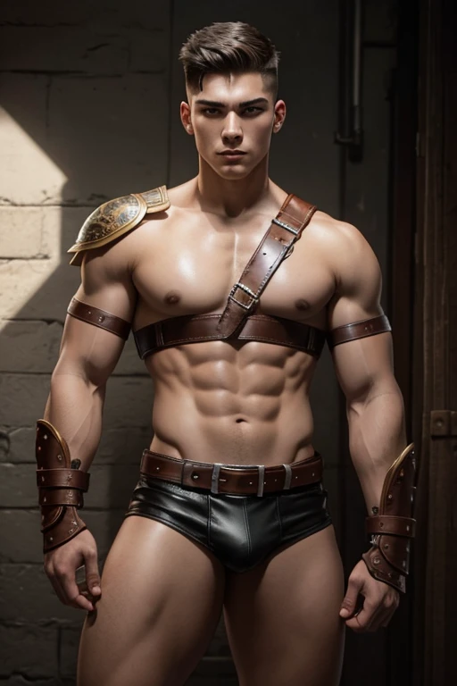 handsome age gladiator boy, short hair with undercut, leather jockstrap, aggressive pose