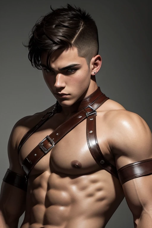 handsome age gladiator boy, short hair with undercut, leather jockstrap, aggressive pose
