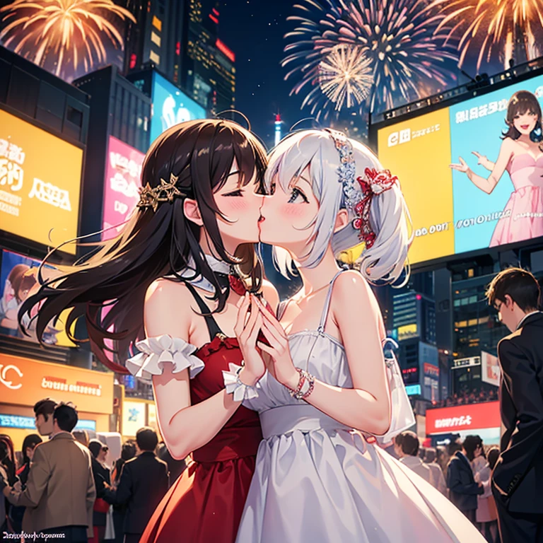 New Year’s kiss, exited, soft, sweet moment, in time square, yay, joyful expressions, ^-^, smiles, many people in the background, fireworks in the background. 