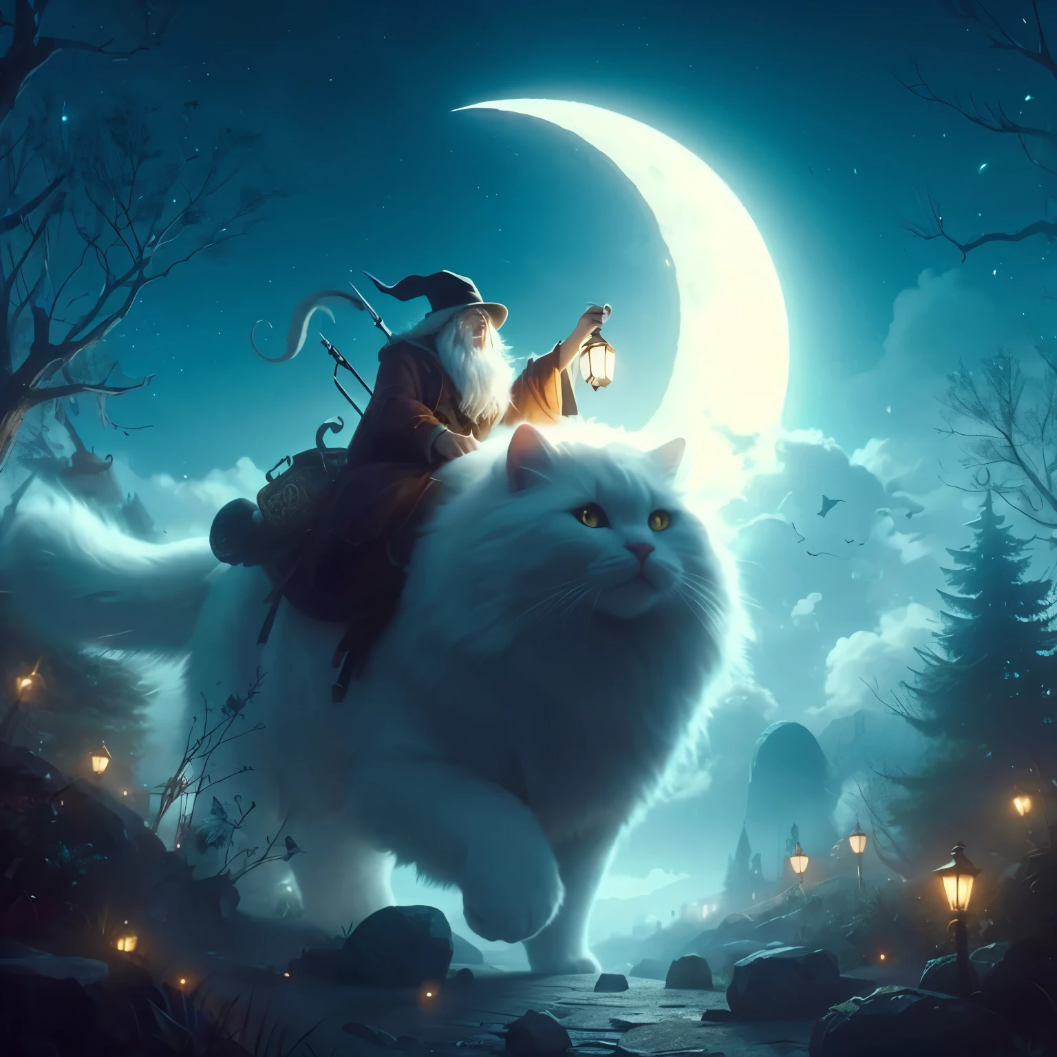 Old adventurer riding a gigantic a fluffy white cat at night under a crescent moon, fantasy, digital art