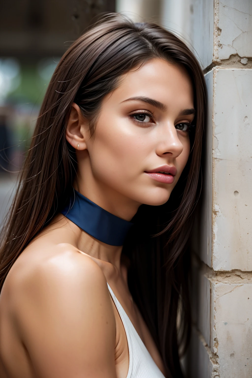 there is a woman that is leaning against a wall, a picture by Niko Henrichon, shutterstock, realism, focused on her neck, attractive neck, focused on neck, tight around neck, thick neck, pointed chin, on a young beautiful woman neck, neck visible, powerful chin, protruding chin, wearing collar on neck, young woman looking up