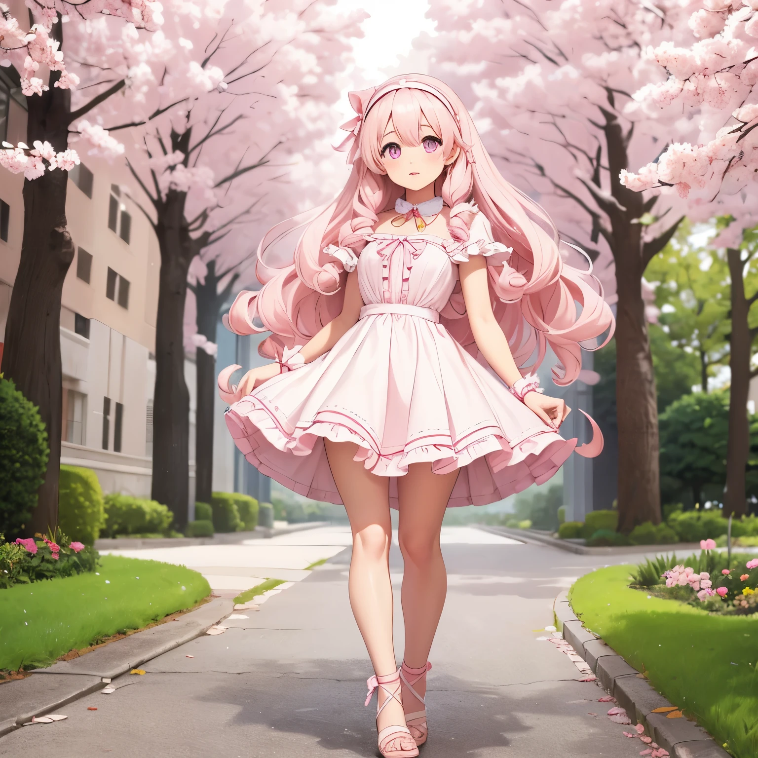 White Long hair, kind of curly hair, Light pink eyes, light pink lips, light pink puff dress, light pink ribbon collar, light pink ribbon headband, light pink heeled sandals