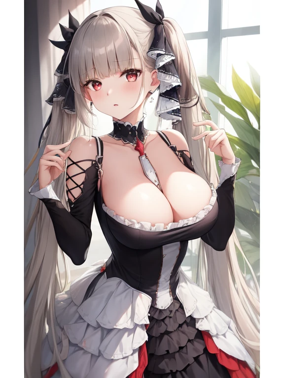 (masterpiece, best quality1.2),illustration,8k,hd,1girls,solo,hands up,(portrait:1.2),long_hair,large_breasts,red_eyes,very_long_hair,bangs,twintails,ribbon,grey_hair,cleavage,hair_ribbon,two-tone_ribbon,between_breasts,black_dress,dress,frills,bare_shoulders,frilled_dress,long_sleeves,two-tone_dress,jewelry,earrings,No Windows
