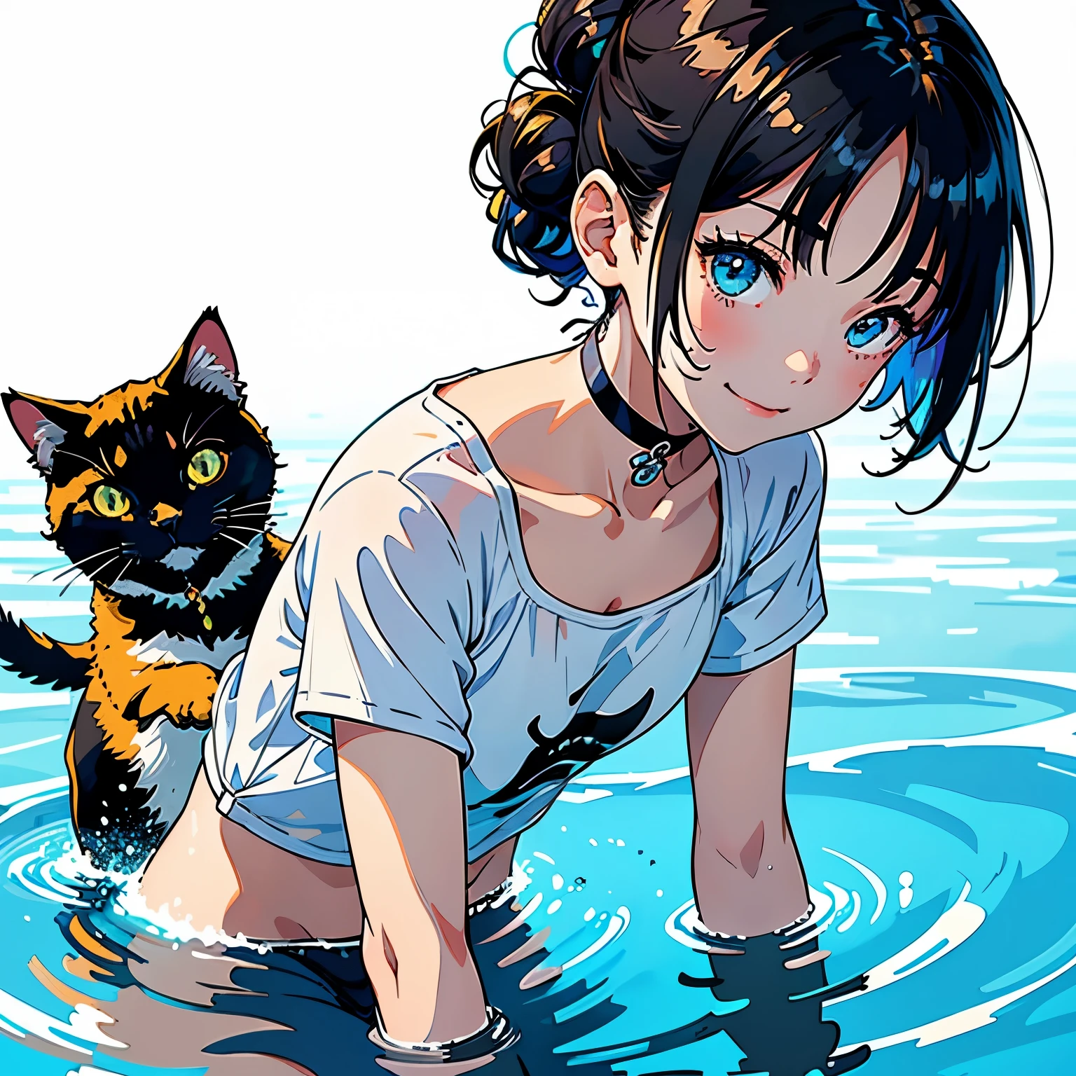 (highest quality, masterpiece, High resolution)、(Anime Art 4k)、(Concept Art)、Cinematic Light、Soft Light、(One Girl、18-year-old)、(whole body)、(Water Play)、Black Hair、(Colorful Swimsuits)、(Brightly colored design)、Layer up with loose fitting T-shirts、cute、Cat ear、Bobcut、semi-long、Hair Bun、hair ornaments、choker、Bright smile、Small breasts、(Cat Pose)、(play)、Cat jarashi、Splash、((White Background))、((Blank Background))、