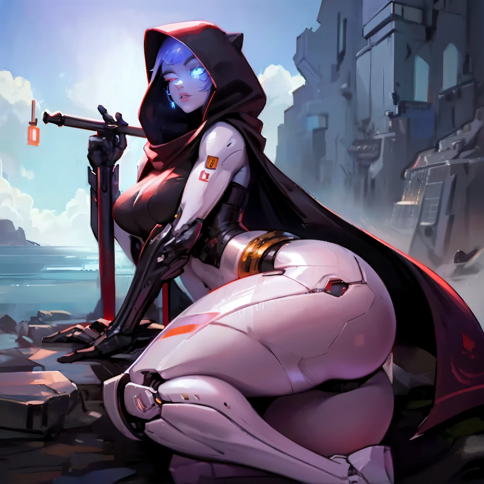 (best quality,4k,highres,masterpiece:1.2),ultra-detailed,realistic,robot girl, shimmering metallic armor, glowing blue eyes, sleek robotic limbs, exquisite feminine curves, angular features, fashionable hooded cape, perched on a rock, overlooking the shoreline, hypnotizing hips swaying with elegance, alluring thighs catching the sunlight, a curvaceous butt accentuating her silhouette, long and captivating legs stretching towards infinity, a cool robotic mask adorning her face, conveying mystery and power, towering with a super tall physique, a lone figure commanding attention, her staff held firmly, radiating authority and control