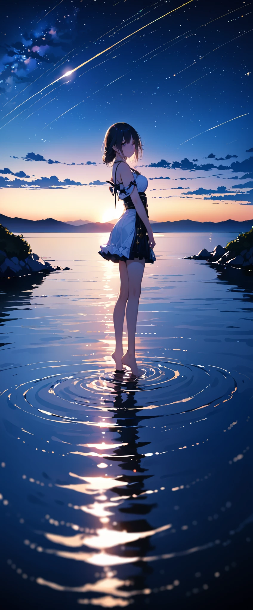 (Close-up:1.4)、(RAW photo:1.2)、(photorealistic:1.4)、(masterpiece:1.3)、(highest quality:1.4)、japanese girl、(night scenery:1.2)、thin clothes、pretty girl、Put one foot in the sea、standing on tiptoe、Landscape、Between the horizon and the sea、view from the side、Ripples spreading from the toes、Standing about 20 meters away、on the sea、The whole scene shineeteors、illumination、