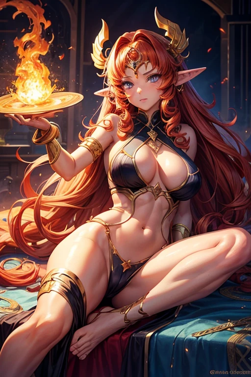 fire princess, threatening, transparencies, sit, sexy pose, tanned skin, pointy ears, long curly messy hair, 