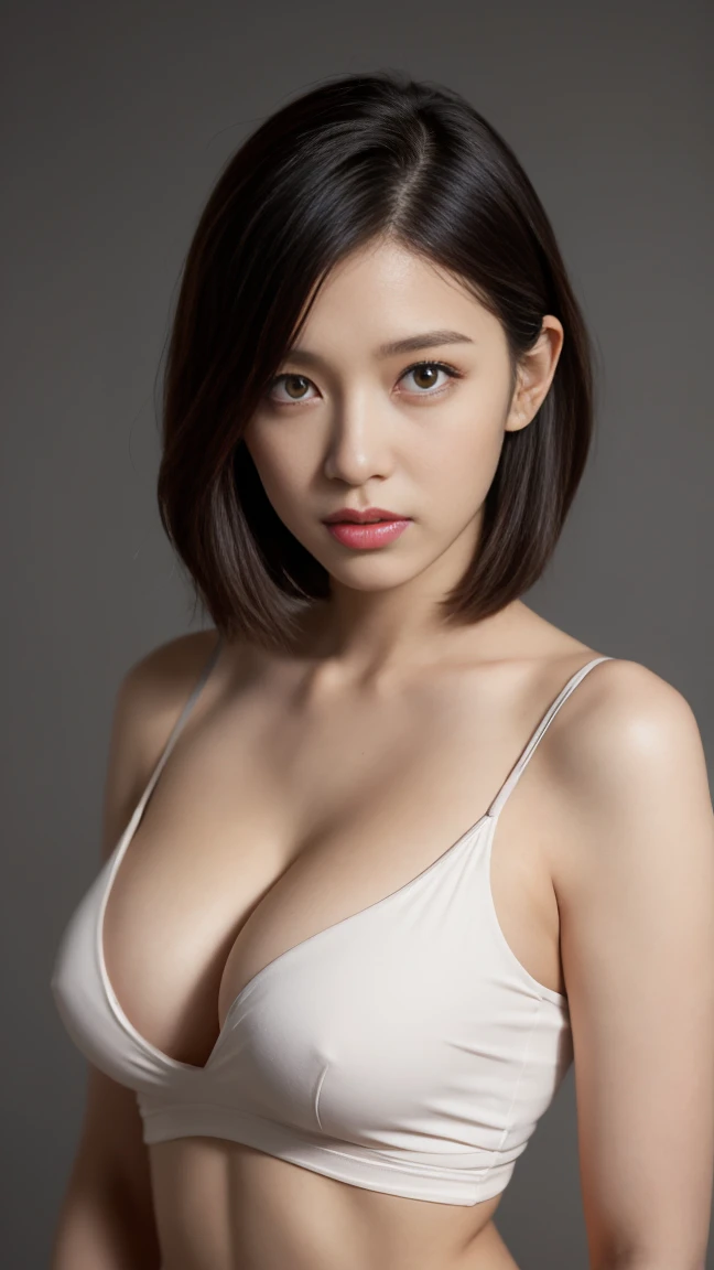 Skin Tight Black Top:1.2, Looking at Viewer, Cinematic lighting, Perfect, softlight, High resolution skin:1.2, Realistic skin texture, 30 years old mature woman、 no-makeup、, off shoulders,Bust B Cup、 Exposed cleavage, Short hair, dark brown hair、Gray background、full body waist up pose , upper knees pose , anatomically correct ,slim sexy plump body