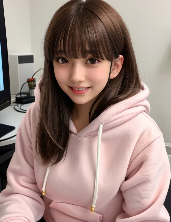 G is, One Girl, Detailed skin, View your viewers, Brown eyes, (Medium hair with bangs:1.2), (Medium Chest:1.0), (Central areola:0.8), 
(Realistic:1.4), (highest quality:1.0), (Ultra-high resolution:1.0), 8k, RAW Photos, (masterpiece:0.2), (Pyros Face_v1:0.5), White fluffy hoodie, White gaming chair, headphone,  and cute girl,Geeky, Small devil, smile, Pink Room