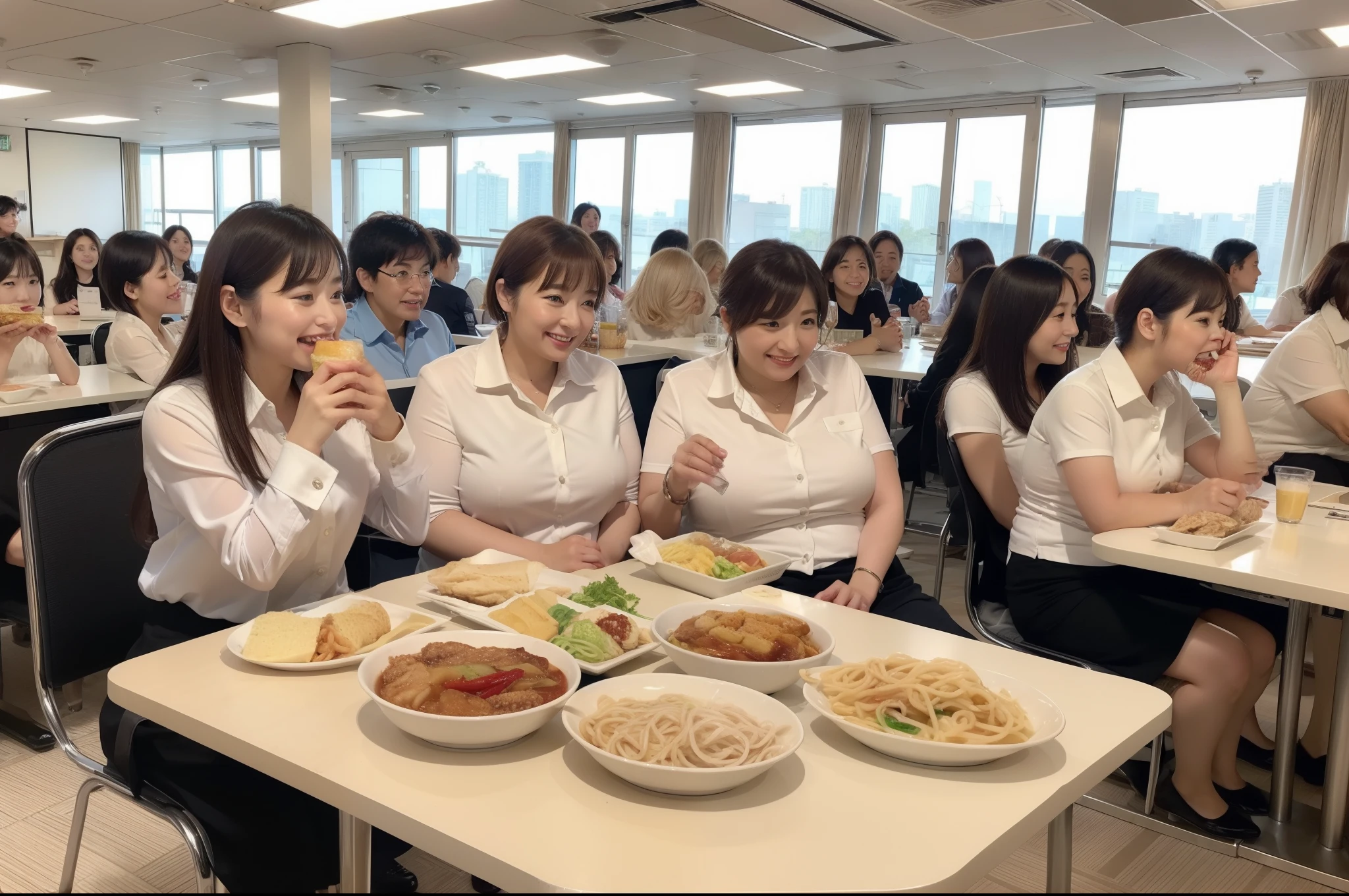 ((highest quality, 8k, Representative works in detail, Ultra-high resolution)), (Group photo of women), (Looking at the audience), (Mid Shot:), Five attractive businesswomen、Women only: 5, A little chubby:0.25, White collared shirt, Grey Skirt, mini skirt、Inside a high-rise office,wide、company cafeteria、Eating lunch、A happy look、Daily set meal、ramen、Udon、Omelette rice、sandwich、