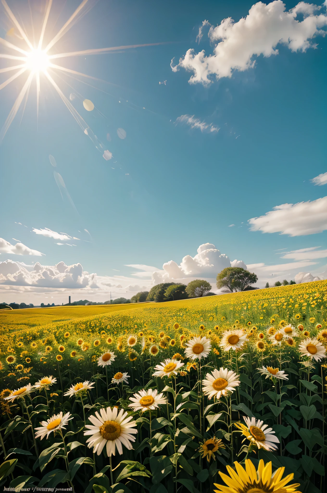 Vintage art of a white healthy orchid flower in a different colored field of daisies and sunflowers in the sun.