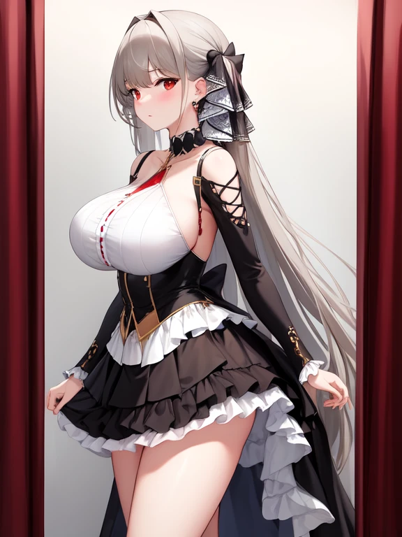 (masterpiece, Best quality1.2),illustration,8k,HD,1 Girl,Solitary,Raise your hands,(portrait:1.2),long_hair,Large target_breast,Red_Eye,Very_long_hair,Bangs,Double tail,ribbon,grey_hair,cleveage,hair_ribbon,Two-color_ribbon,between_breast,Black_skirt,skirt,decorate,only_Shoulder,Frilly_skirt,long_sleeve,Two-color_skirt,jewelry,earrings,no windows