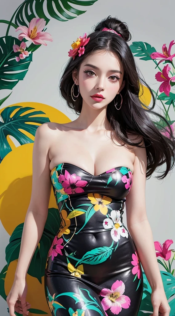 Create a digital art work in pop art style, featureing a vibrant and confident woman with bold makeup and colorfull fashion, cinematic color scheme, surrounded by vintage flowers patterns, energtic brushstrokes,the mood should be dynamic, upper body, drawing, illustration, grayscale, tropical, adubon fruits, adubon plants, many flowers, vector, painting