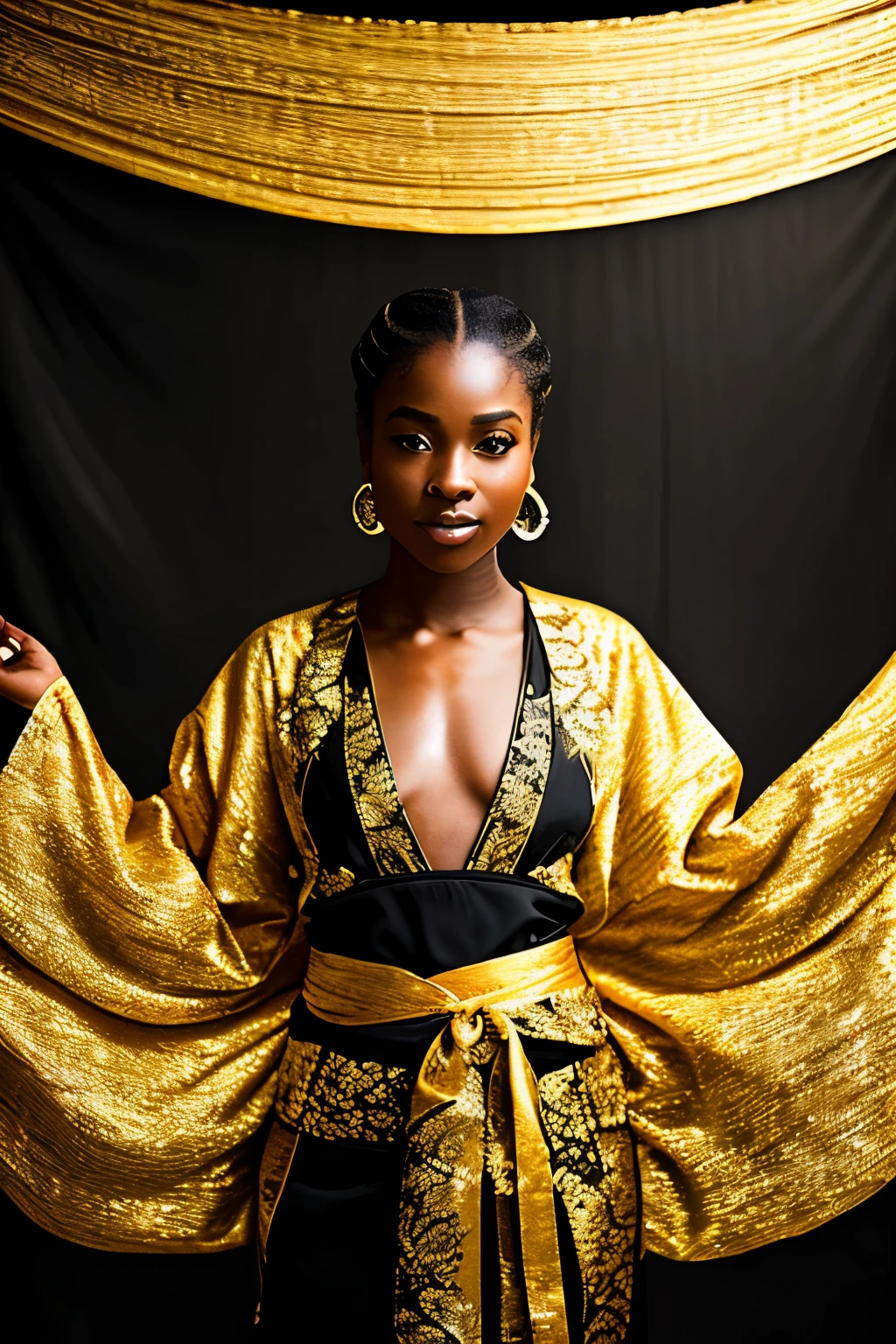 In the heart of a serene dojo, a captivating Black Nubian woman is deeply engrossed in the rhythmic beats of her drums, her essence radiating an aura of strength and tranquility. Dressed in an extravagant black and gold silk kimono, every fiber glistens under the vibrant and beautiful colors illuminated by cinematic lighting. A golden curtain, delicately made of intricate strings, gracefully frames her, adding to the immersive ambiance. This hyperrealistic image, rendered in ultra HD and meticulously detailed using Unreal Engine, showcases the woman's regal presence with every pixel, making it a true
