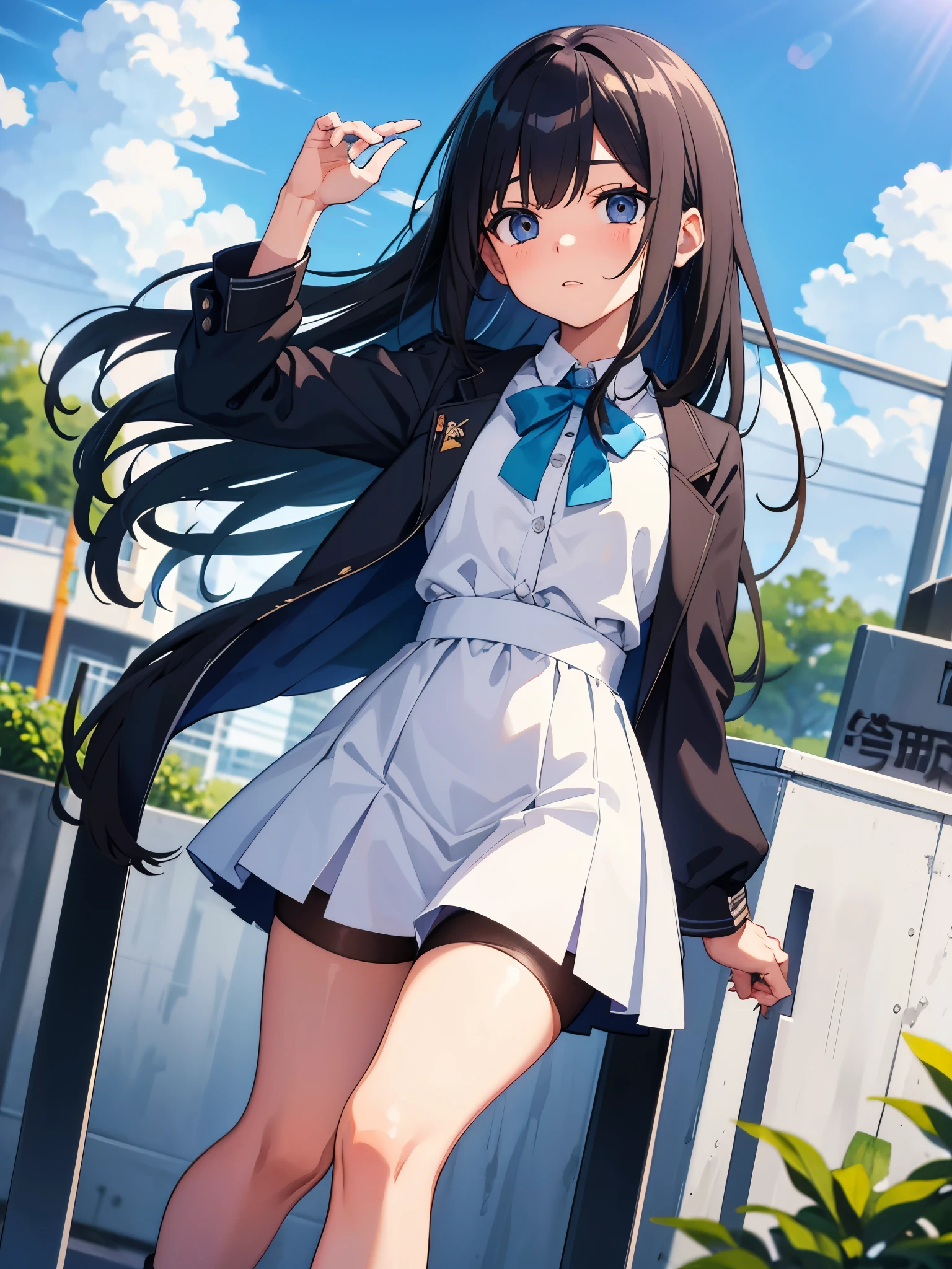 Tram stop pasajeros alrededor Elementary school girl 8 years pecho plano pelo negro pelo largo Los ojos son morados. ((1 person)) Uniforme marinero manga larga blanco parte superior del cuerpo Minifalda bajo cuerpo azul marino bragas blancas calcetines blancos botas deportivas parado en la parada Abre un poco las piernas((I can see bragas blancas)) desde el frente dynamic angle low angle