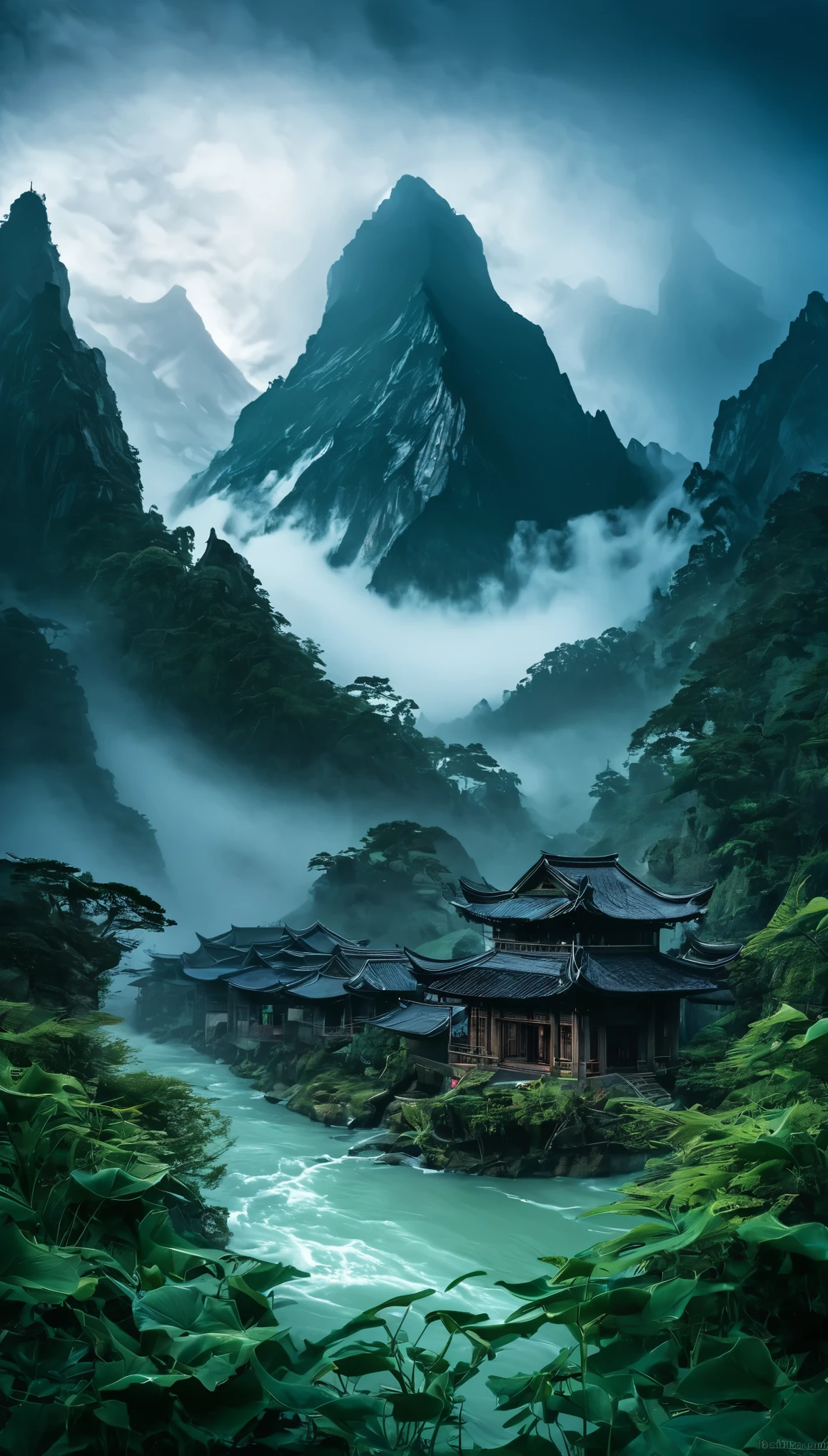 A towering mountain range, its jagged peaks piercing the heavens, shrouded in swirling mists and ancient mysteries.
