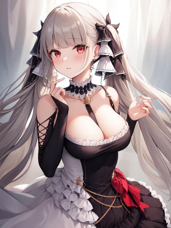 (masterpiece, best quality1.2),illustration,8k,hd,1girls,solo,hands up,(portrait:1.2),long_hair,large_breasts,red_eyes,very_long_hair,bangs,twintails,ribbon,grey_hair,cleavage,hair_ribbon,two-tone_ribbon,between_breasts,black_dress,dress,frills,bare_shoulders,frilled_dress,long_sleeves,two-tone_dress,jewelry,earrings,