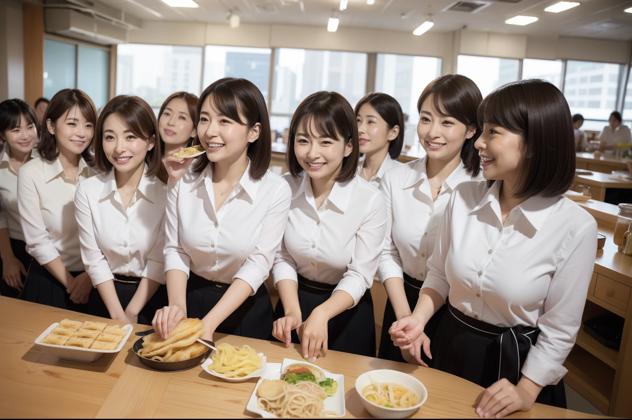 ((highest quality, 8k, Representative works in detail, Ultra-high resolution)), (Group photo of women), (Looking at the audience), (Mid Shot:), Five attractive businesswomen、Women only: 5, A little chubby:0.25, White collared shirt, Grey Skirt, mini skirt、Inside a high-rise office,wide、company cafeteria、Eating lunch、A happy look、Daily set meal、ramen、Udon、Omelette rice、sandwich、