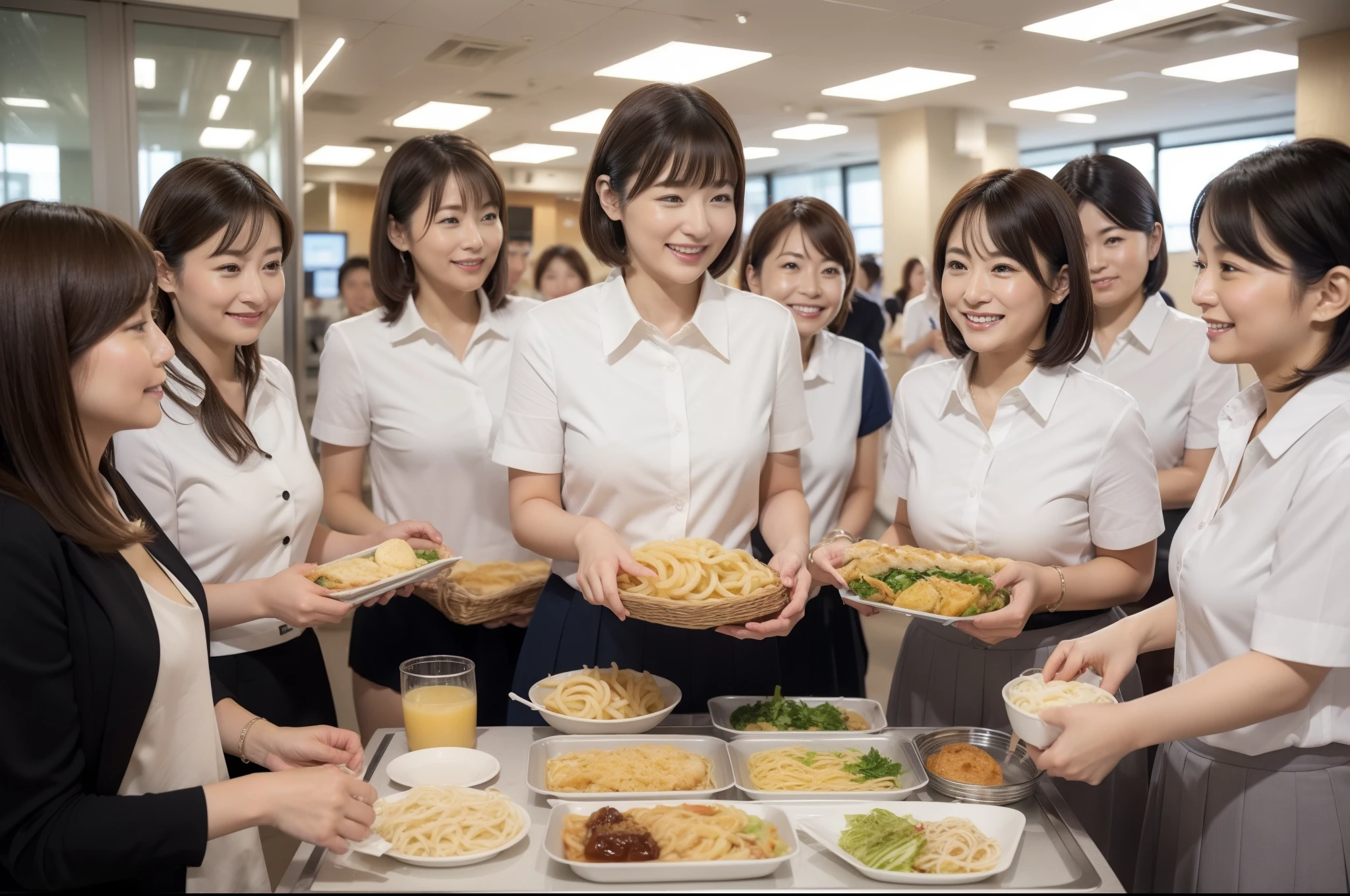 ((highest quality, 8k, Representative works in detail, Ultra-high resolution)), (Group photo of women), (Looking at the audience), (Mid Shot:), Five attractive businesswomen、Women only: 5, A little chubby:0.25, White collared shirt, Grey Skirt, mini skirt、Inside a high-rise office,wide、company cafeteria、Eating lunch、A happy look、Daily set meal、ramen、Udon、Omelette rice、sandwich、