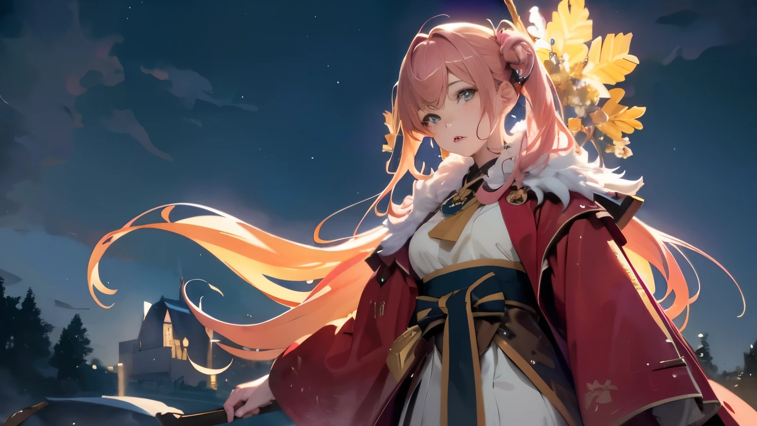 One Girl,Beautiful woman with pink hair in the style of Hatsune Miku(Beautiful Face),(Young Gravure Idol,Her breasts are so big),(finely detailed perfect face),(highest quality,8K quality,masterpiece:1.3,High resolution,Tabletop:1.2, realism:1.3),Full Body,Dark grey fur, A golden gladiator-like helmet with a red crest, Brown fur collar, Gold disc pendant, masterpiece, highest quality, (Watercolor style),Walking through the castle with a beautiful night sky as a backdrop,Holding a sword