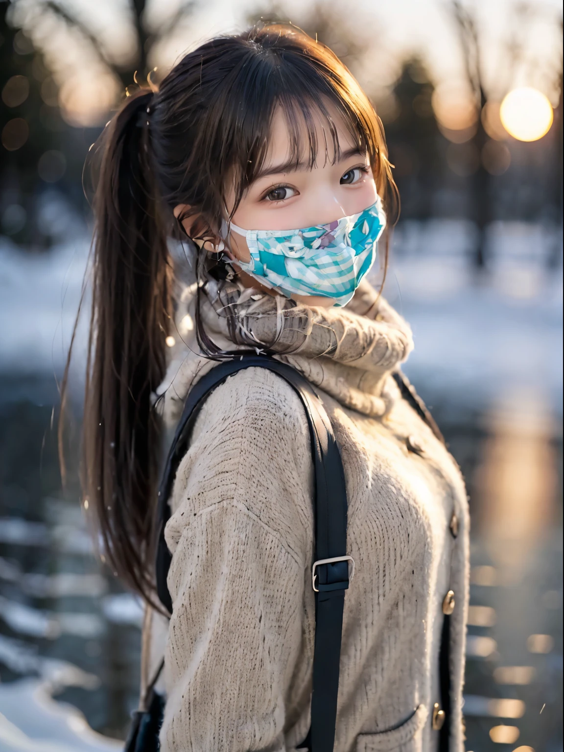 (She has a slim figure, small breasts and long hair in twin tails.、Close-up portrait of a girl wearing a winter coat and a scarf :1.5)、(One girl with little smile and hair fluttering in the wind :1.3)、(Beautiful snowy sunset sky:1.5)、(Perfect Anatomy:1.3)、(No mask:1.3)、(Full Finger:1.3)、Realistic、photograph、Tabletop、highest quality、High resolution, Delicate and beautiful、Perfect Face、Beautiful fine details、Fair skin、Real human skin、pores、((Thin legs))、(Black Hair)、Completely naked、naked,