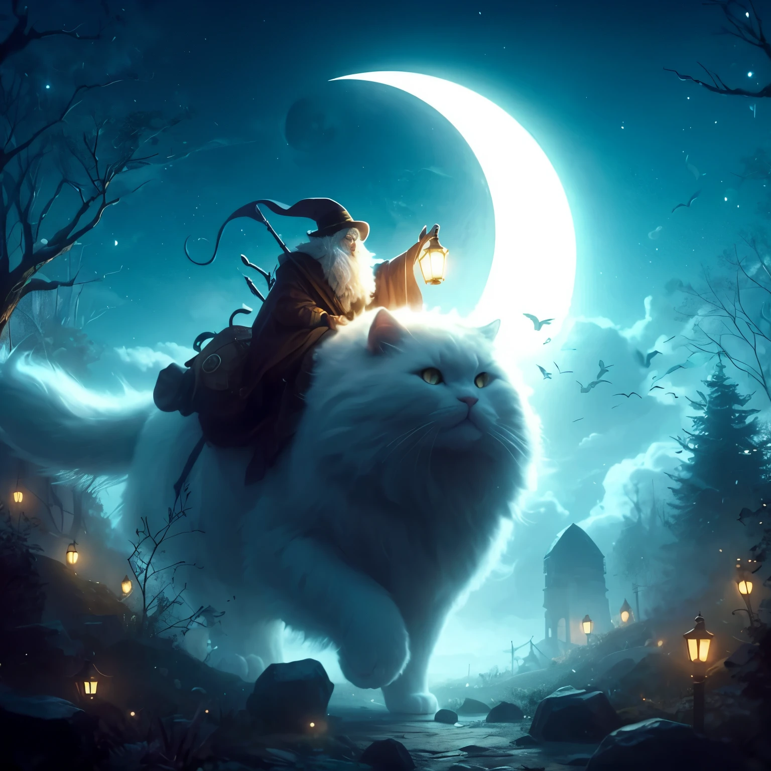 Old adventurer riding a gigantic a fluffy white cat at night under a crescent moon, fantasy, digital art