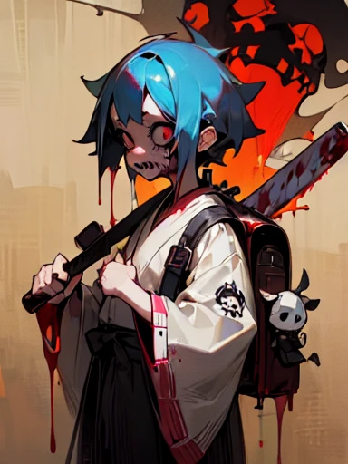 ((18-year-old punk girl,Unusual punk hair:1.3)),((Red and black punk fashion:1.5)),(Stuffed cow:1.5)Studded clothing、((He is holding a bloody baseball bat in his right hand..:1.5))、((Black backpack on the back))、（Light black and blue hair:1.5）,Wacky makeup、whole body, (masterpiece), (High resolution), (Very delicate), scribble, nightmare, doll-like face, Manga style, rough sketch, Horror elements, Manga styleイラスト, Japanese painting, phantom, (Spooky), Japan sculpture, crazy illustration, antique, Dark atmosphere, Flat Illustration,Spookyな外観, Distinctive messy hairstyle, creative accessories, Unique atmosphere
