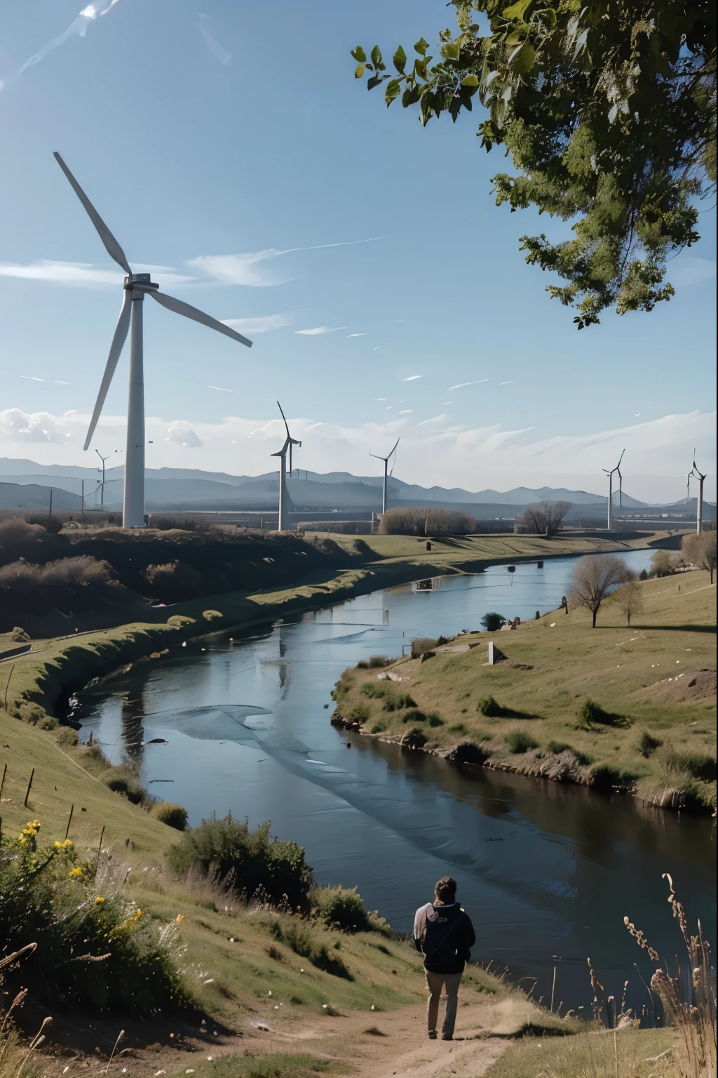 person using smartphone in the middle of nature with wind turbines and river