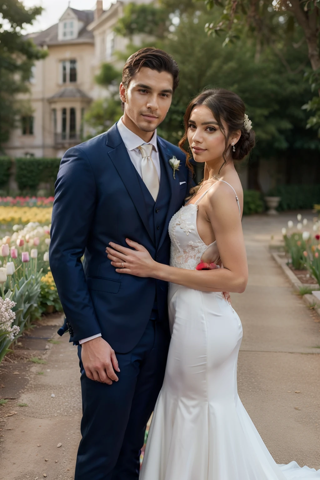 bride and acicalar standing in front of a flower garden with tulips, detalle exquisito y suave, guapo y elegante, vistiendo un elegante traje de hombre, wearing a light Traje azul, wearing dark Traje azul, Traje azul, sosteniendo flores, detalle impecable, Traje formal, Trajes, traje elegante, traje elegante, acicalar, bien vestido, traje formal, Smooth and crisp, con flores, mirando al espectador