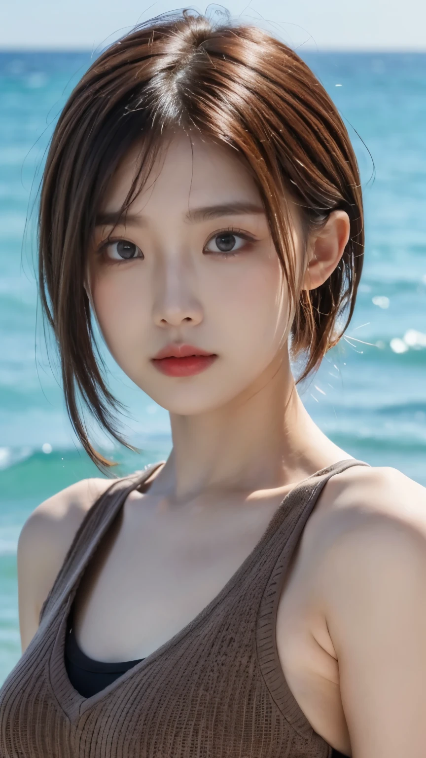 Slender Asian girl，Kpop idol，（（Beach volleyball）），（（top Quority，8K，tmasterpiece：1.3）），Medium bust photo，Clear focus：1.2，Beautiful woman with perfect figure：1.4，Detailed face and skin texture，Detailed eyes，being thin，beauitful face，symmetriced face，whole-length，Slightly naked，Raised sexy，Partially visible chest，Medium bust photo