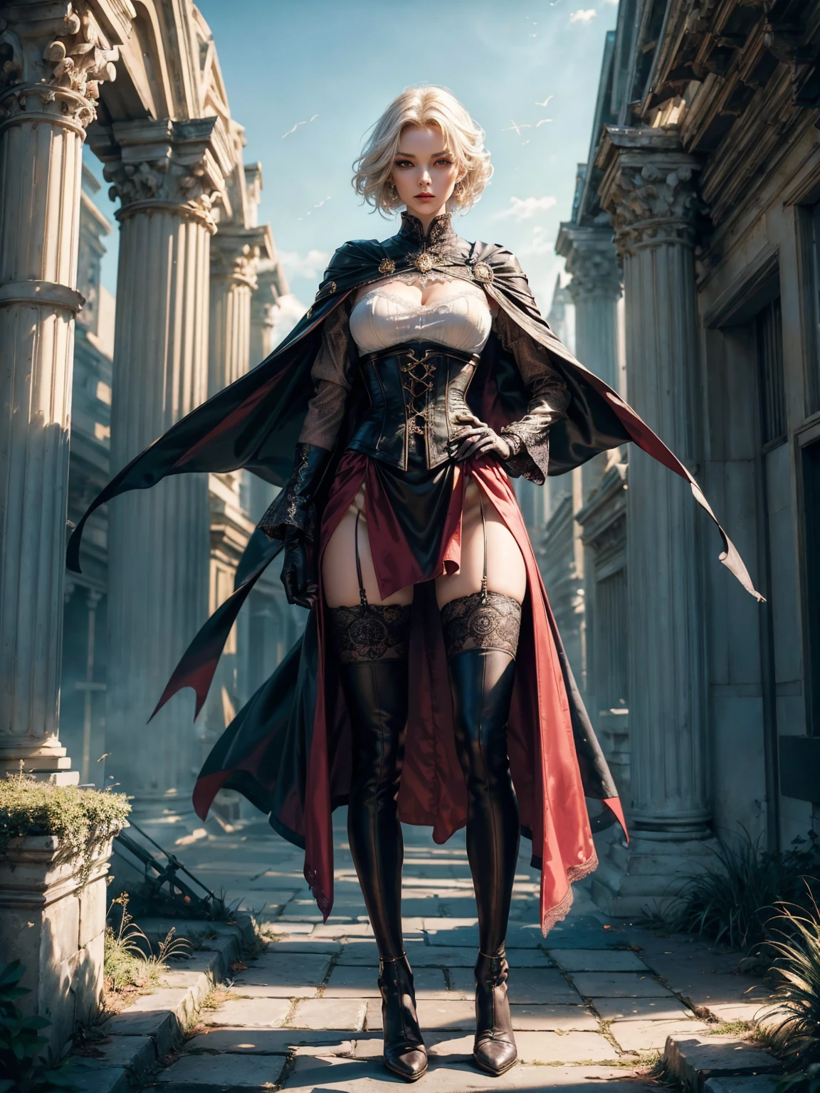 ((show full body from head to toe, standing, body facing to the viewer (show front body)). Pale skin, Tall body, fit body, slender body, medium breast. A female wizard wearing colorful clothes, long sleeves(lace sleeves), skirts, corset, cloak, robes, cape, gloves, stockings, show heels. short hair with updo. Masterpiece:1.5, illustration:1.1, best quality:1.5, fine detail, perfect detail, 4k, HDR, balance focused camera view, centered camera view, middle camera view, vertical scape camera, natural lighting, bright lighting, sunlight, daylight, sharp focus, smooth detail, HDR, big resolution. Outdoor, bright sky.