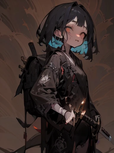 ((18-year-old punk girl,Unusual punk hair:1.3)),((Blue and white British punk fashion:1.5)),(Light black and blue hair:1.5、Long Bangs:1.5、short hair)Studded clothing、((Holding a sword in his right hand:1.5))、((Small backpack on the back))、(Narrow and small eyes),Wacky makeup、Breast augmentation, (masterpiece), (High resolution), (Very delicate), nightmare, doll-like face, Manga style, Horror elements, Manga styleイラスト, Japanese painting, phantom, (Spooky), Japan sculpture, crazy illustration, antique, Dark atmosphere, Flat Illustration,Spookyな外観, Unique atmosphere