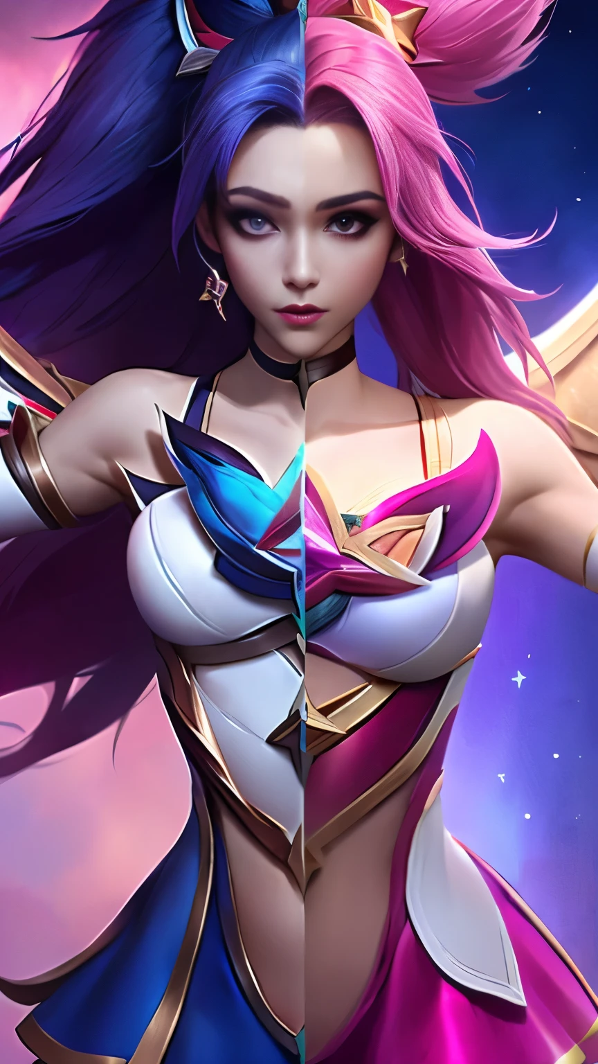 (Masterpiece, highly detailed, highly quality,  highly resolutions), line between the middle, (SplitScreen, split screen, BREAK starguardiankaisa,( elbow gloves, hair ornament, dress, crop top, navel, star \(symbol\), choker, star guardian \(league of legends\), pink hair, long hair, wings), {{SplitScreen, split screen, BREAK starguardianakali, (elbow gloves, hair ornament, crop top, navel, star guardian \(league of legends\), star \(symbol\), multicolored hair, blue hair, purple hair, ponytail)}})