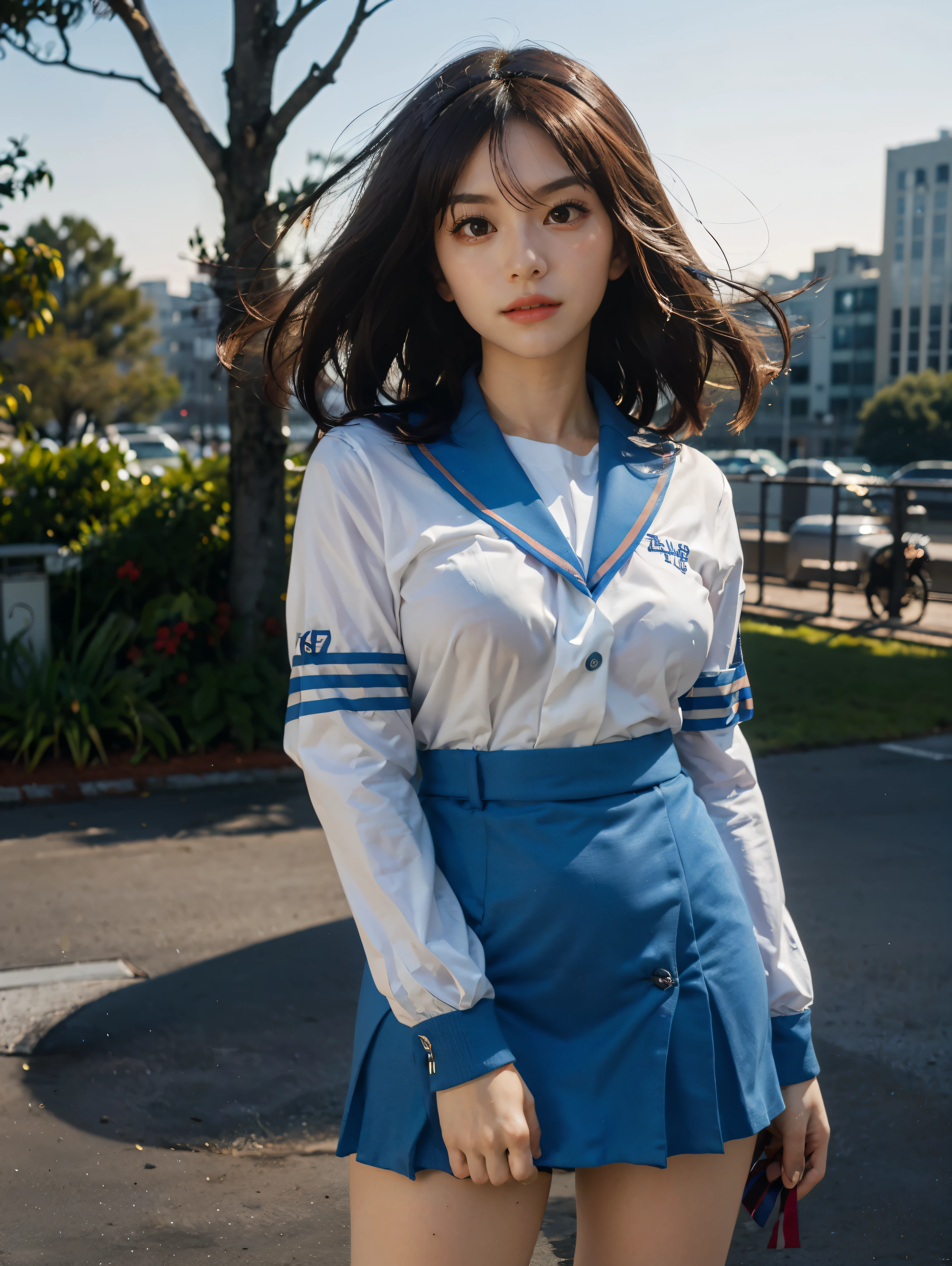 (1 lady), (Best quality at best:1.4), (ultra - detailed), (extremely detailed CG unified 16k), A Beautiful Woman with Perfect Figure: 1.4, Sharp Focus: 1.2, very detailed, High-definition RAW color photo, professional photoshooting, amazing face and eyes, cosmetics, (amazingly beautiful girl), ((suzumiya haruhi)), ((kita high sch0ol uniform, blue sailor collar, blue skirt, armband, hairband, medium hair, ribbon, socks)), standing posture, (look from down), realistic cinematic face, head to feet long wide zoomed out view, full body long view, photorealistic, ((realistic natural caramel brown hair style, brown eyes)), gorgeous, extremely beautiful face, perfect model beauty, pout mouth, Highly Detailed Face and Skin Texture, Detailed Eyes, Double Eyelids, Medium Breasts, joy expression, joyful face, cleavages, western, (masterpiece), best quality, high resolution, extremely detailed, depth of field, cinematic lighting, amazing legs, high heels, clear and well-cared skin, (background: nature, tree, park)