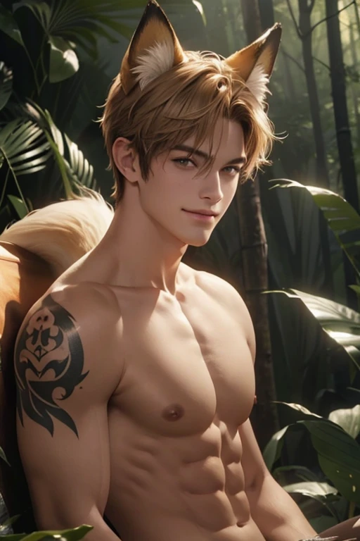 Full Body photorealistic 4k, high resolution, best quality, masterpiece, perfect color, perfect shade, perfect lighting, Posted by e621, ((portrait)), ((handsome man)), perfect male figure, Short hair details,Naked and nudetorso,Detailed face, perfect face, (stood up), Detailed background, ((Bonifasco Lighting)), (delicate eyes),(animal ears:fox),((big fluffy tail)),tattoo,((forest)),emaciated. Smiling