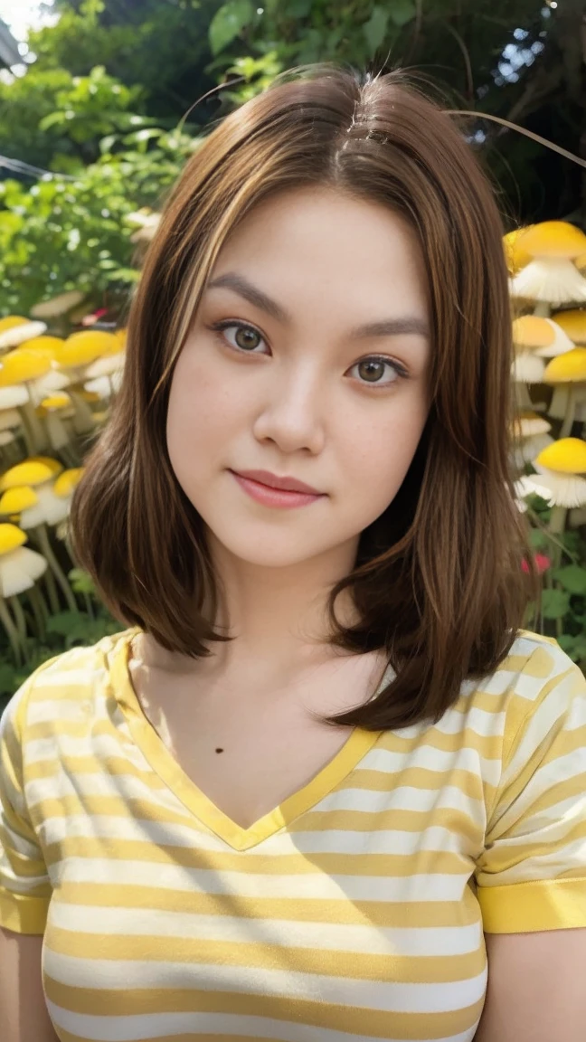 Red Eyes, woman with nice hair, yellow-green striped shirt with thick stripes, Red eyes glowing red, Head Tilted, mushroom head with short brown hair, With a clear smile on his face, chara, quadratic element, Stand among golden flowers with rays overhead