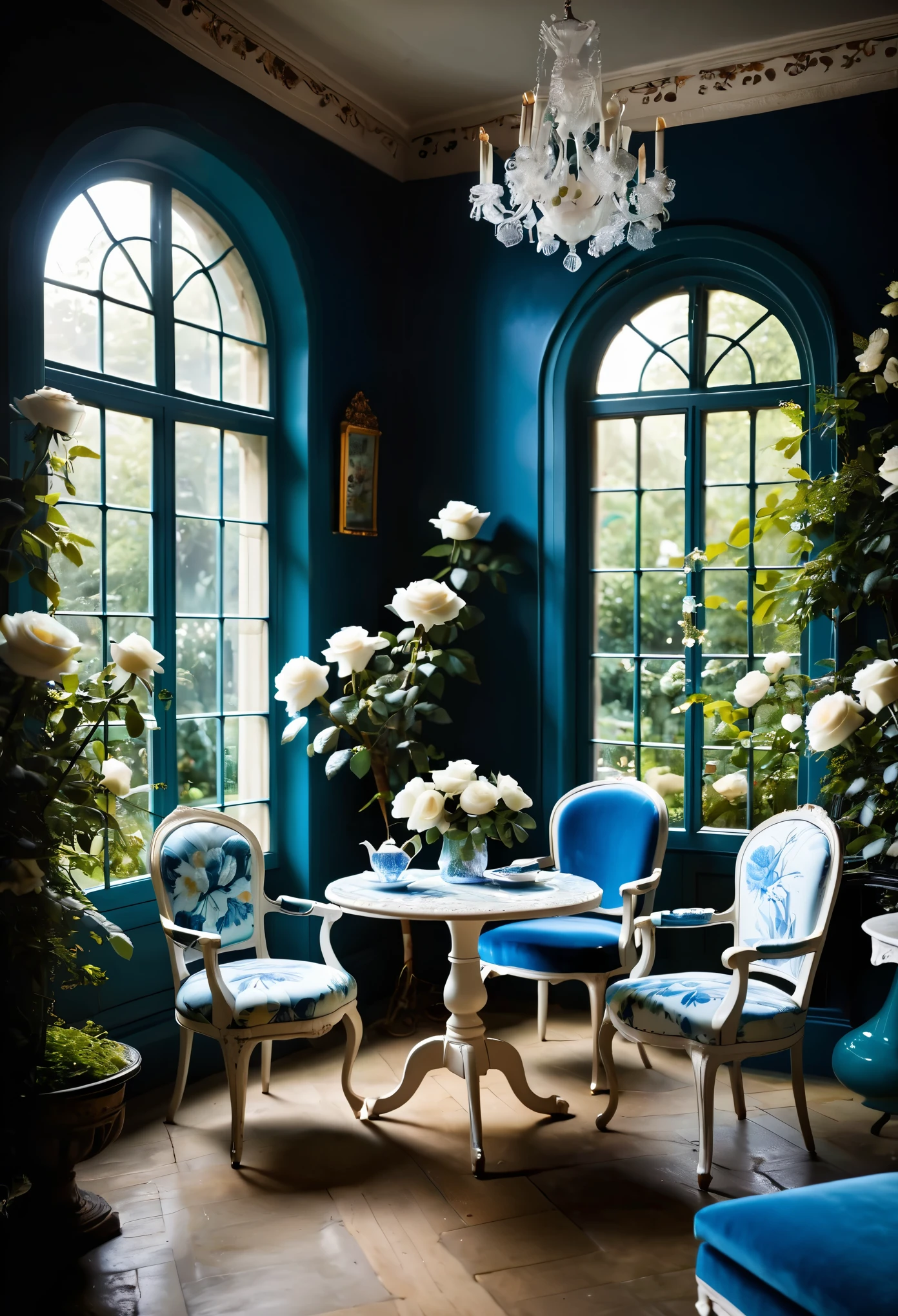 palace garden, lush, floral, white rose, botanical, romanticism, moody, tea, tea time, glass chairs, white and blue tetradic colors,
