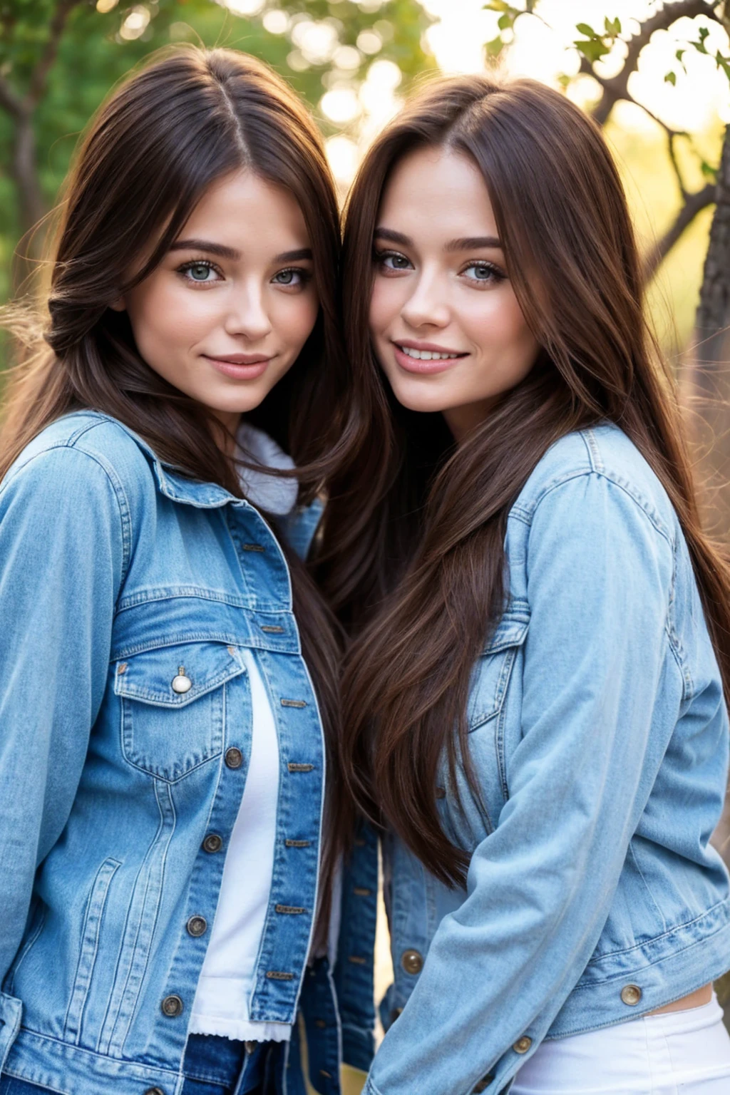 Professional photograph, best quality, 8K, hyper detailed, half body, A close up portrait of two gorgeous, beautiful, wonderful women, argentinian and russian females together posing for the camera, both women have super long hair, argentinian girl has brown hair and russian girl has dark blonde hair, the both of them are wearing winter clothing, both girls are wearing denim jackets. Both women are wonderful, dream, ethereal, timeless, majestic beauties from Argentina and Russia, they're glad, smiling and enjoying taking a picture at backyard.
