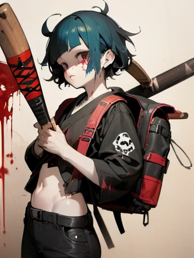 ((18-year-old punk girl,Unusual punk hair:1.3)),((Red and black punk fashion:1.5)),(Stuffed cow:1.5)Studded clothing、((He is holding a bloody baseball bat in his right hand..:1.5))、((Black backpack on the back))、（Light black and blue hair:1.5）,Wacky makeup、whole body, (masterpiece), (High resolution), (Very delicate), scribble, nightmare, doll-like face, Manga style, rough sketch, Horror elements, Manga styleイラスト, Japanese painting, phantom, (Spooky), Japan sculpture, crazy illustration, antique, Dark atmosphere, Flat Illustration,Spookyな外観, Distinctive messy hairstyle, creative accessories, Unique atmosphere
