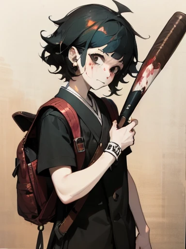 ((18-year-old punk girl,Unusual punk hair:1.3)),((Red and black punk fashion:1.5)),(Stuffed cow:1.5)Studded clothing、((He is holding a bloody baseball bat in his right hand..:1.5))、((Black backpack on the back))、（Light black and blue hair:1.5）,Wacky makeup、whole body, (masterpiece), (High resolution), (Very delicate), scribble, nightmare, doll-like face, Manga style, rough sketch, Horror elements, Manga styleイラスト, Japanese painting, phantom, (Spooky), Japan sculpture, crazy illustration, antique, Dark atmosphere, Flat Illustration,Spookyな外観, Distinctive messy hairstyle, creative accessories, Unique atmosphere
