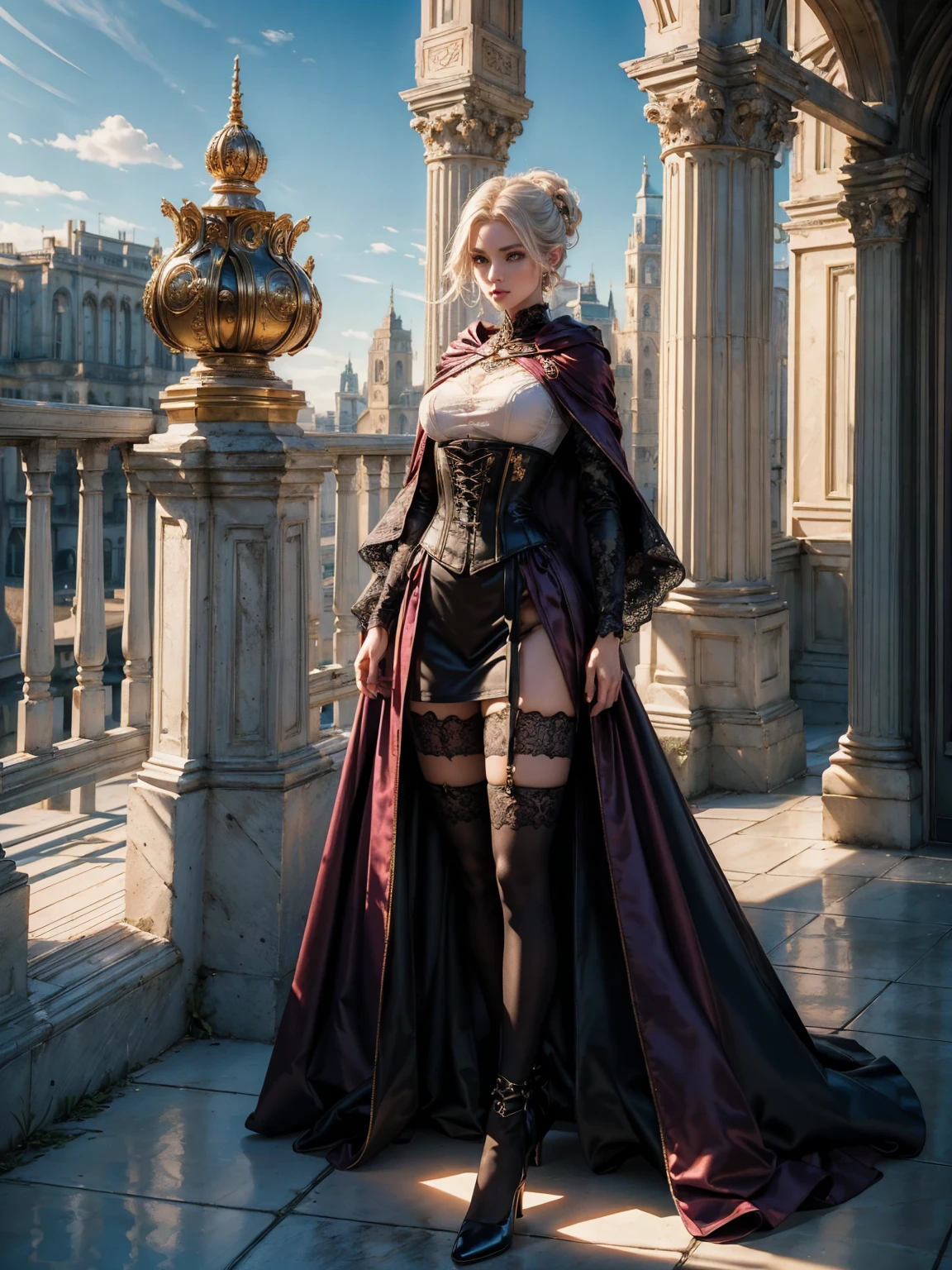 ((show full body from head to toe, standing, body facing to the viewer (show front body)). Pale skin, Tall body, fit body, big body, medium breast. A female wizard wearing colorful clothes, long sleeves(lace sleeves), skirts, corset, cloak, robes, cape, gloves, stockings, show heels. short hair with updo. Masterpiece:1.5, illustration:1.1, best quality:1.5, fine detail, perfect detail, 4k, HDR, balance focused camera view, centered camera view, middle camera view, vertical scape camera, natural lighting, bright lighting, sunlight, daylight, sharp focus, smooth detail, HDR, big resolution. Outdoor, bright sky.