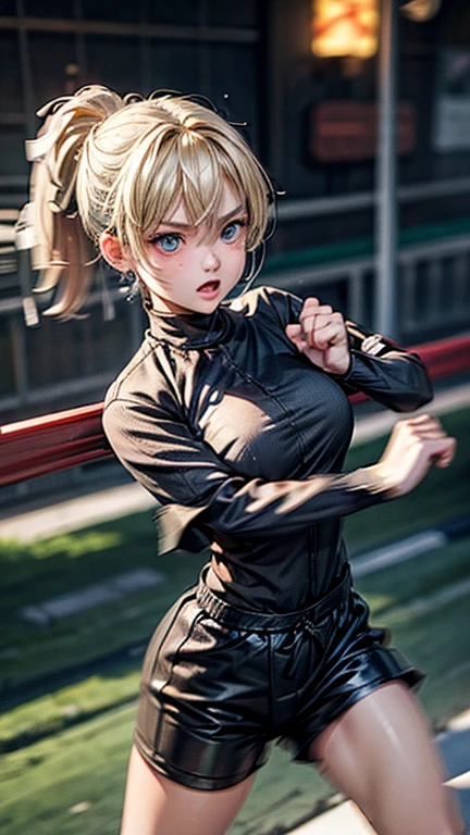 #quality(8k wallpaper of extremely detailed CG unit, ​masterpiece, hight resolution, top-quality, top-quality real texture skin,hyper realisitic, digitial painting,increase the resolution,RAW photosbest qualtiy,highly detailed,the wallpaper),solo,a jk girl is hard punching you by bare fist,#1girl(cute, kawaii,small kid,hair floating,messy hair,blonde hair,long hair,messy hair,pony tail hair,skin color white,eye color blue,eyes shining,big eyes,breast,angry face,punching you by her fist,dynamic pose,dynamic angle,sweat,,), BREAK ,#fist(motion blur:2.0),#background(school,),(when drawing the hand please draw them very correctly for sure),[nsfw]each hand five fingers